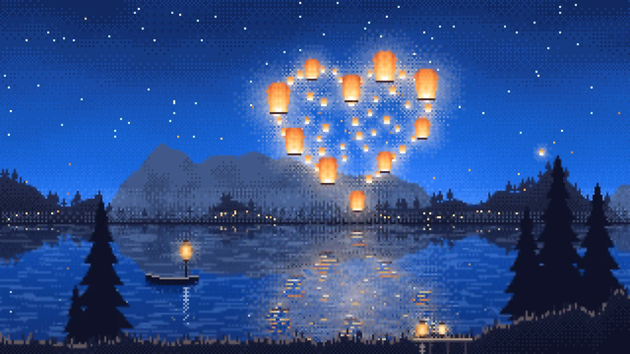 Blue Pixel Art Heart of Sky Lanterns Over a Lake desktop wallpaper in 4K