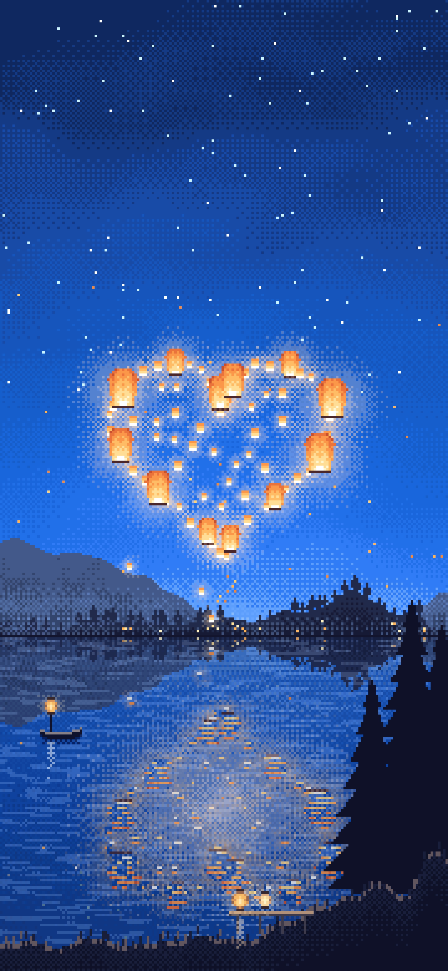 Blue Pixel Art Heart of Sky Lanterns Over a Lake wallpaper for iPhone and Android