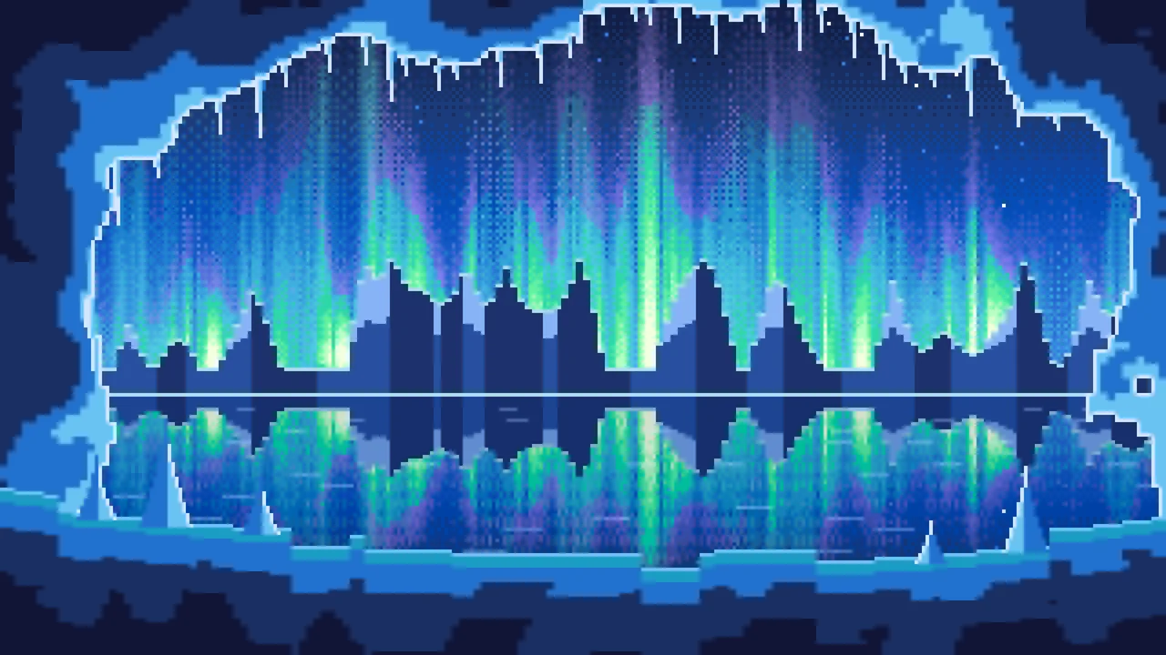 Blue Pixel Art Ice Cave and Northern Lights desktop wallpaper in 4K