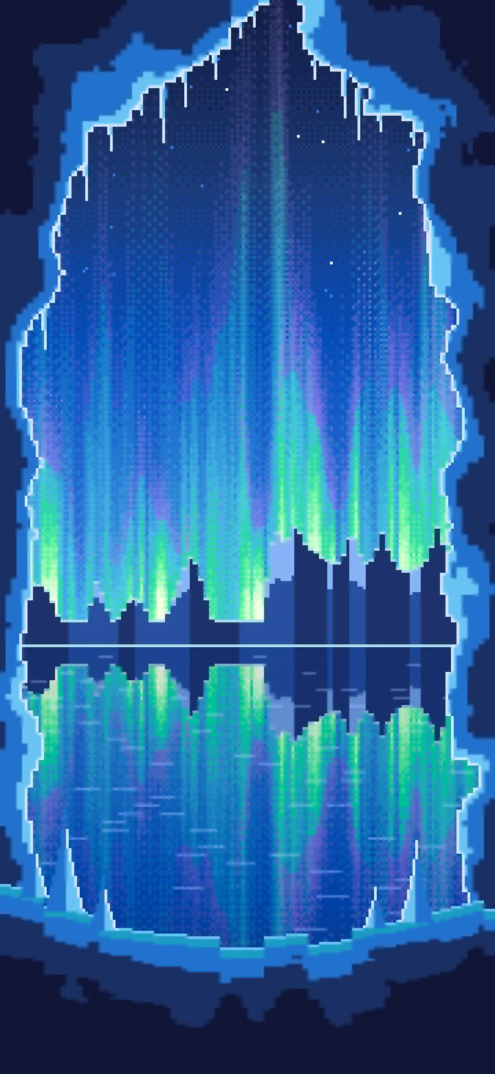 Blue Pixel Art Ice Cave and Northern Lights wallpaper for iPhone and Android