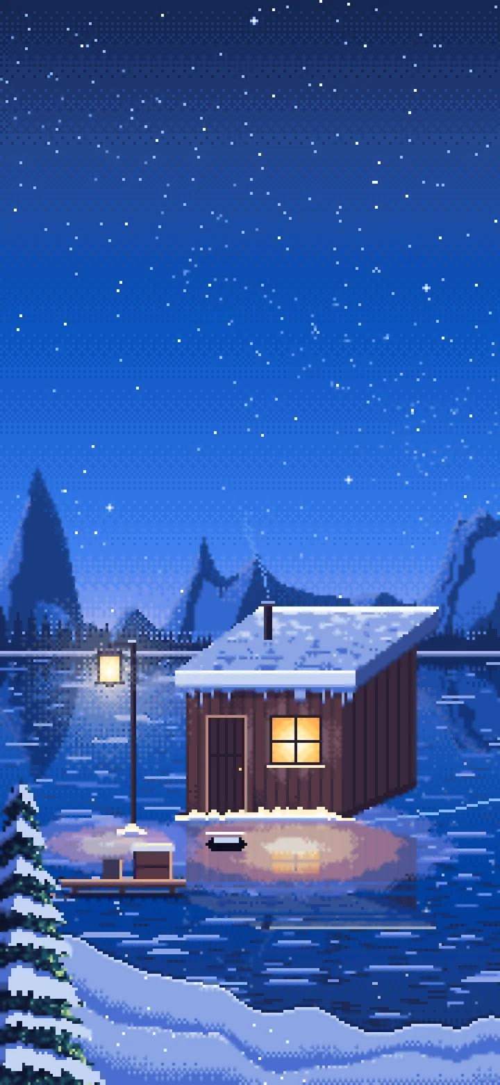 Blue Pixel Art Ice Fishing Hut on a Frozen Lake wallpaper for iPhone and Android
