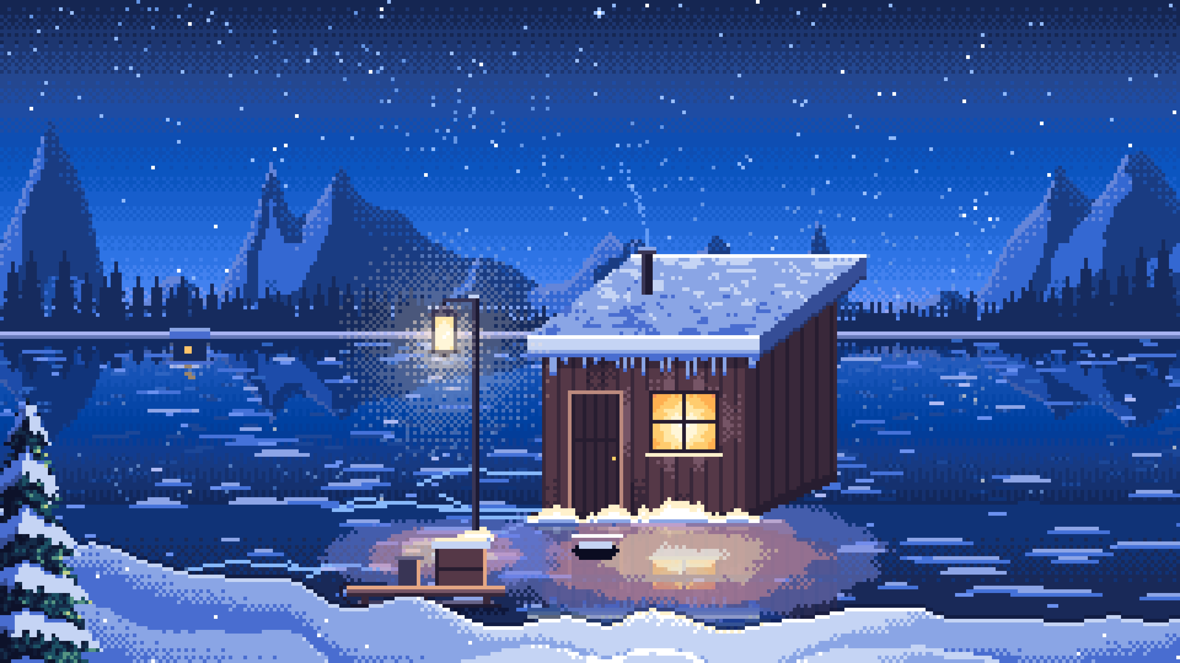 Blue Pixel Art Ice Fishing Hut on a Frozen Lake desktop wallpaper in 4K