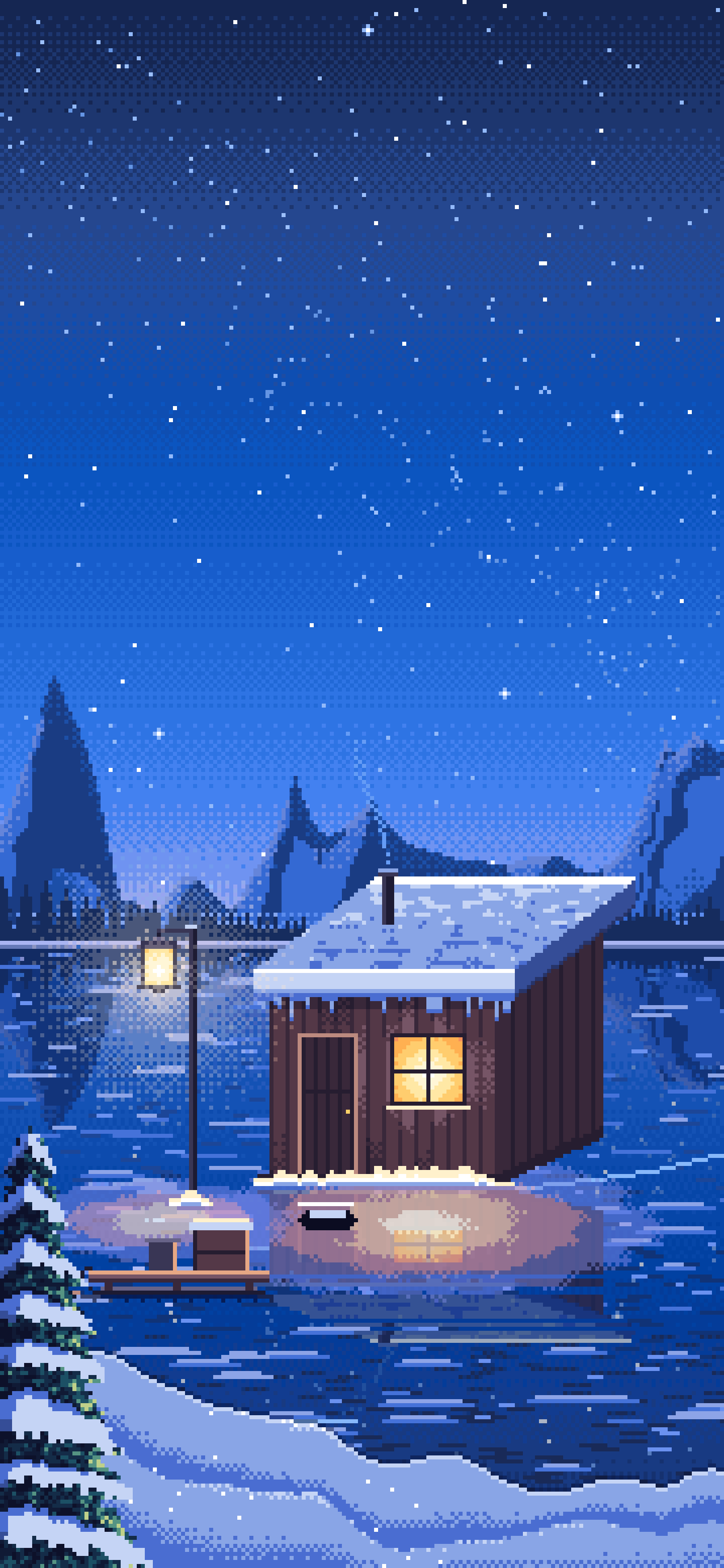 Blue Pixel Art Ice Fishing Hut on a Frozen Lake wallpaper for iPhone and Android