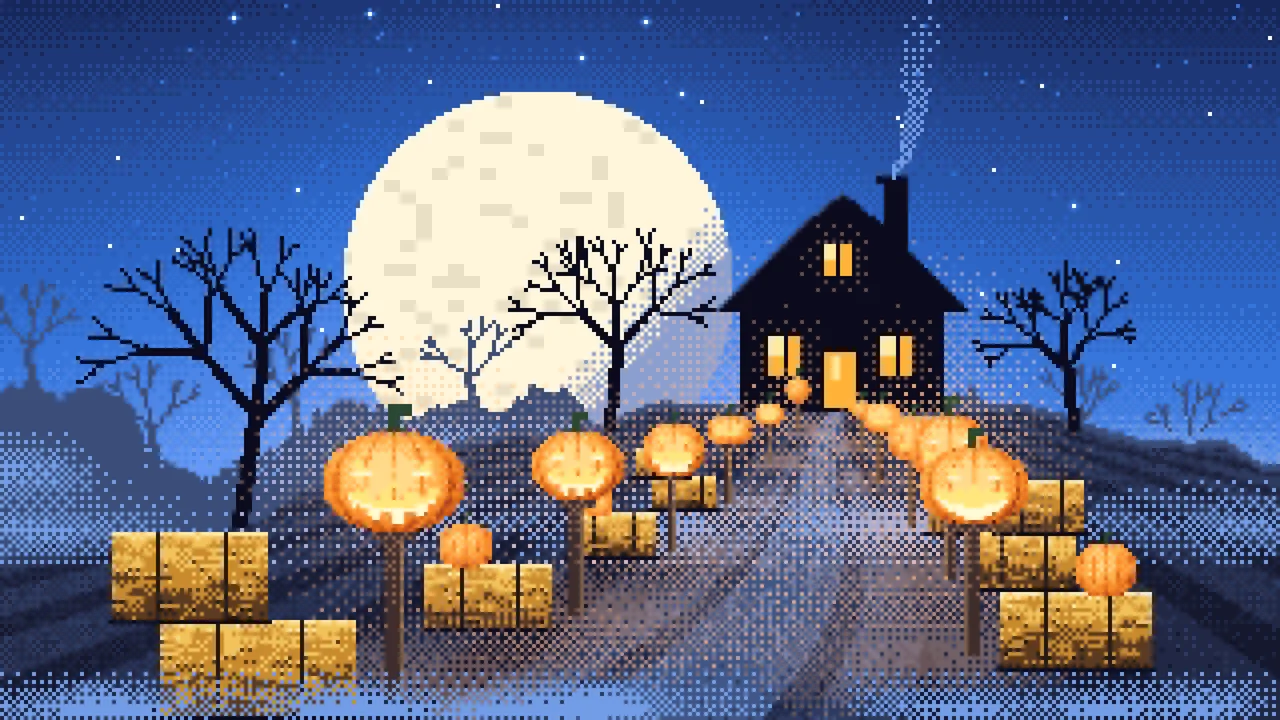 Blue Pixel Art Jack O Lantern Path desktop wallpaper in 4K