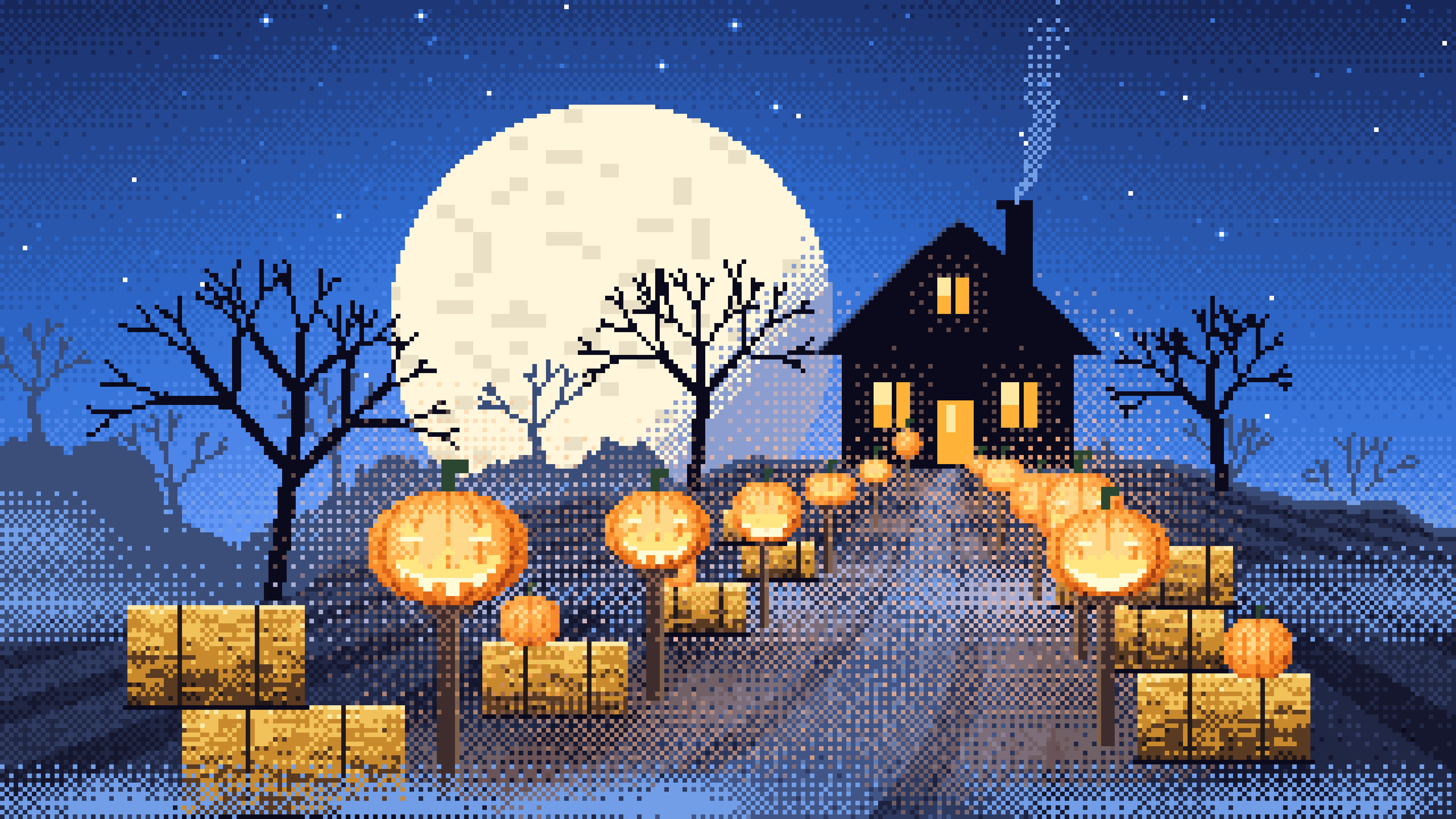 Blue Pixel Art Jack O Lantern Path desktop wallpaper in 4K