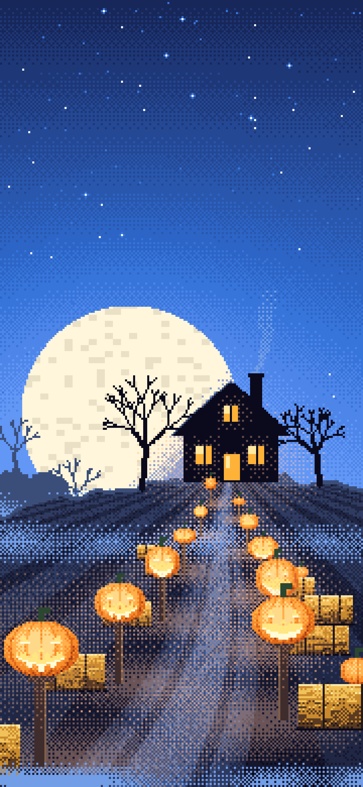 Blue Pixel Art Jack O Lantern Path wallpaper for iPhone and Android