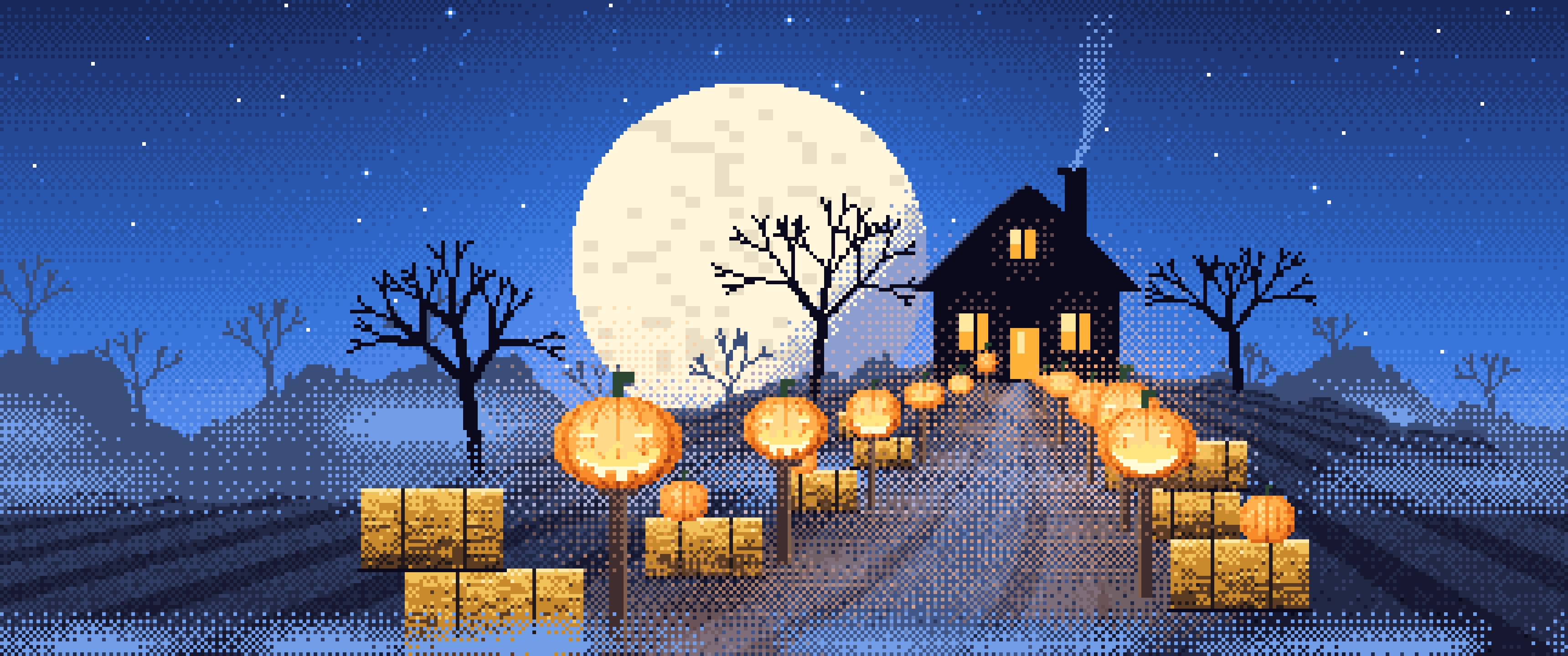 Blue Pixel Art Jack O Lantern Path ultrawide wallpaper, 3440 × 1440