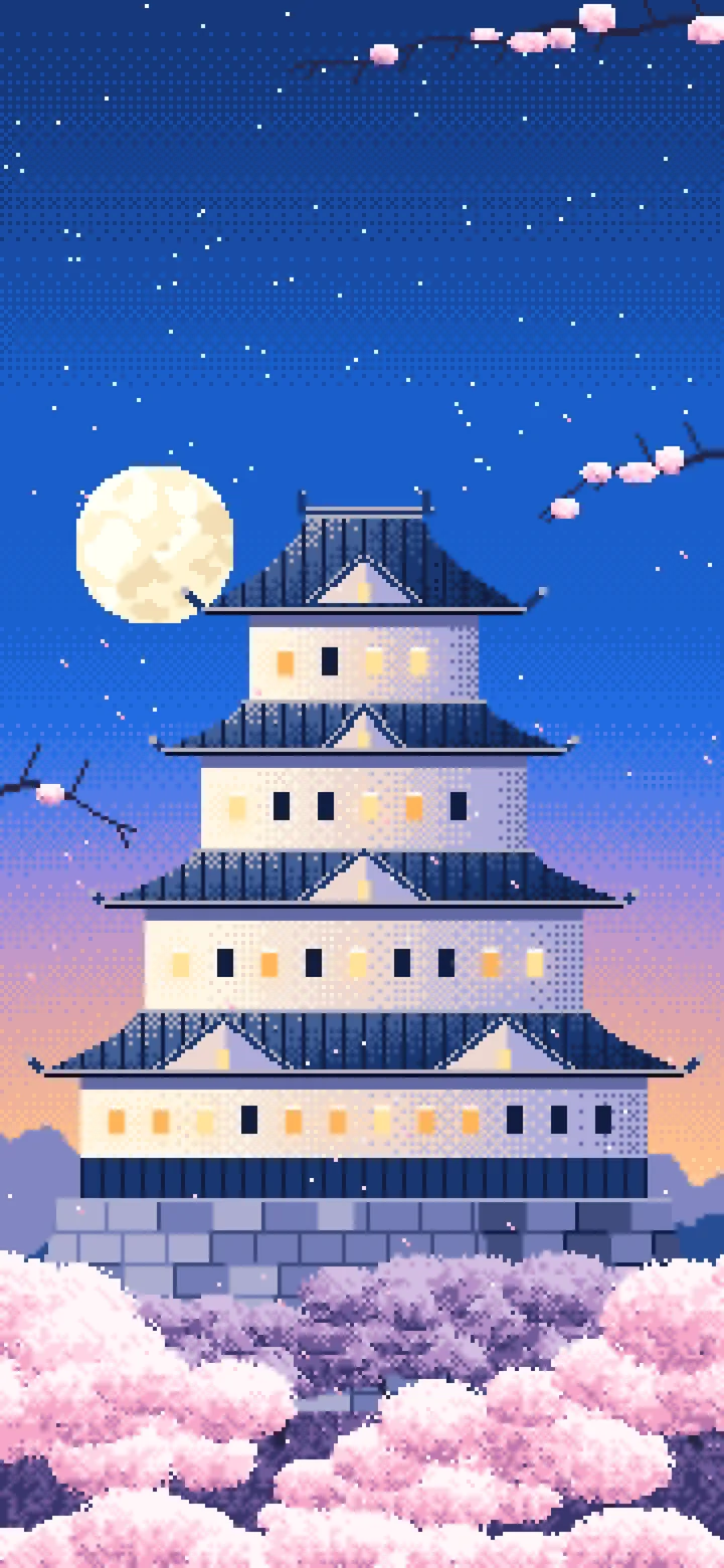 Blue Pixel Art Japanese Castle and Cherry Blossom at Dusk wallpaper for iPhone and Android