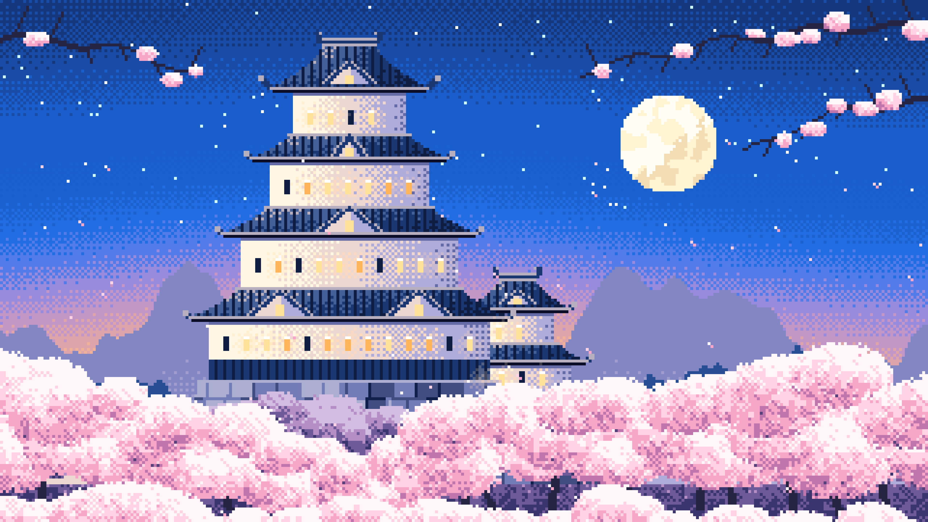 Blue Pixel Art Japanese Castle and Cherry Blossom at Dusk desktop wallpaper in 4K