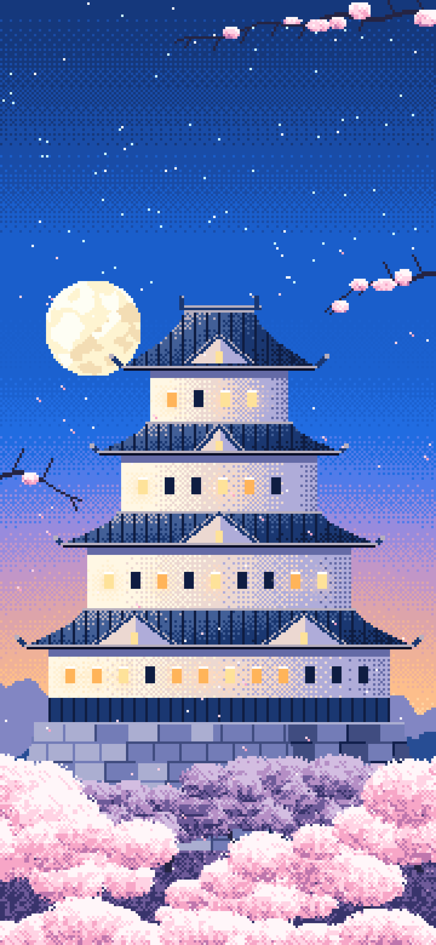 Blue Pixel Art Japanese Castle and Cherry Blossom at Dusk wallpaper for iPhone and Android