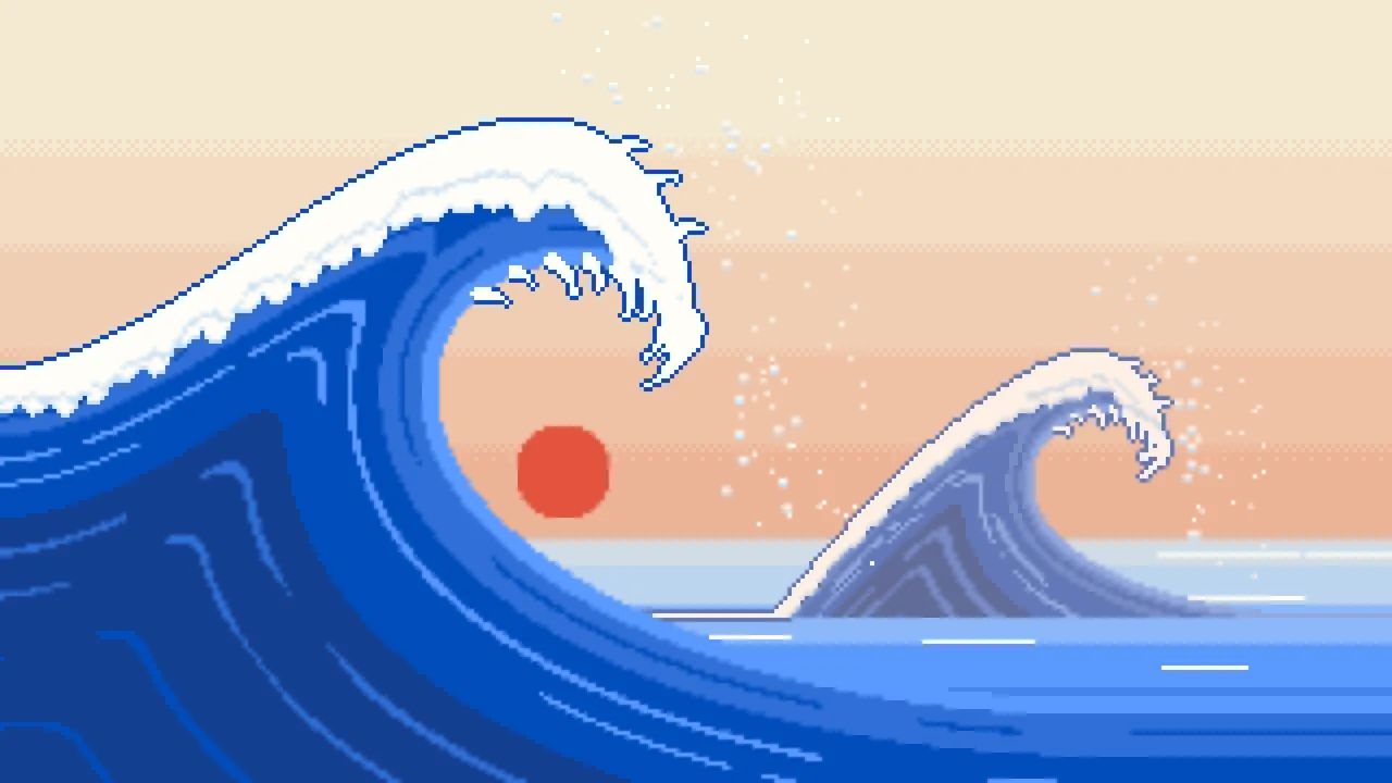 Blue Pixel Art Japanese Great Wave desktop wallpaper in 4K
