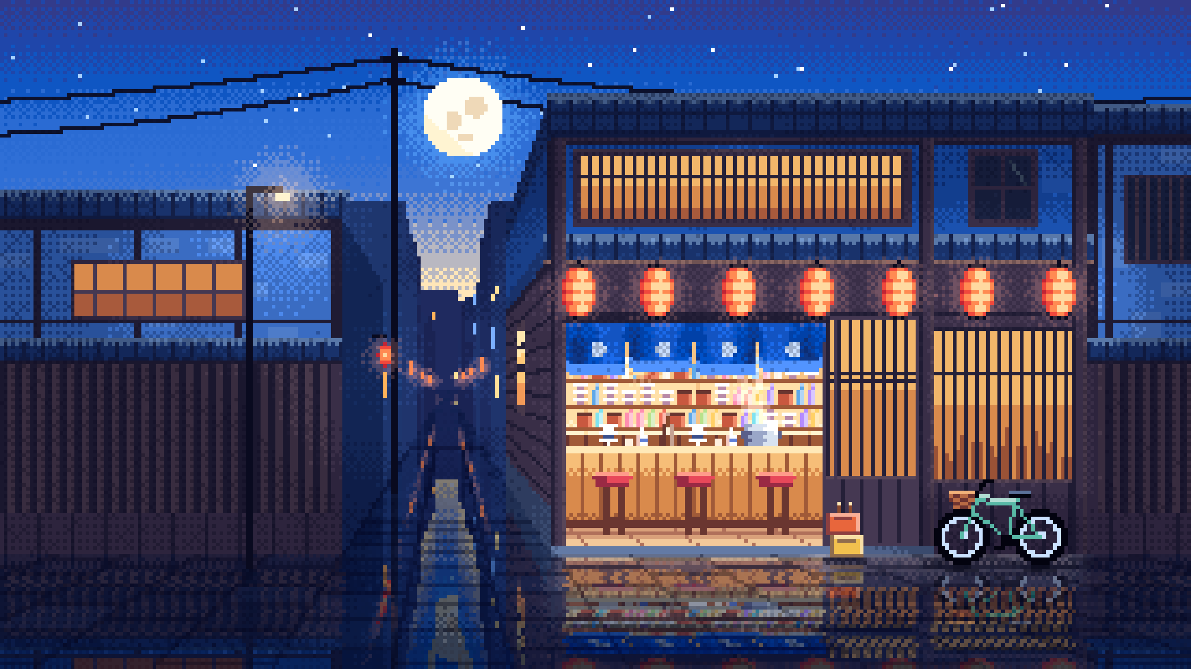 Blue Pixel Art Japanese Izakaya desktop wallpaper in 4K