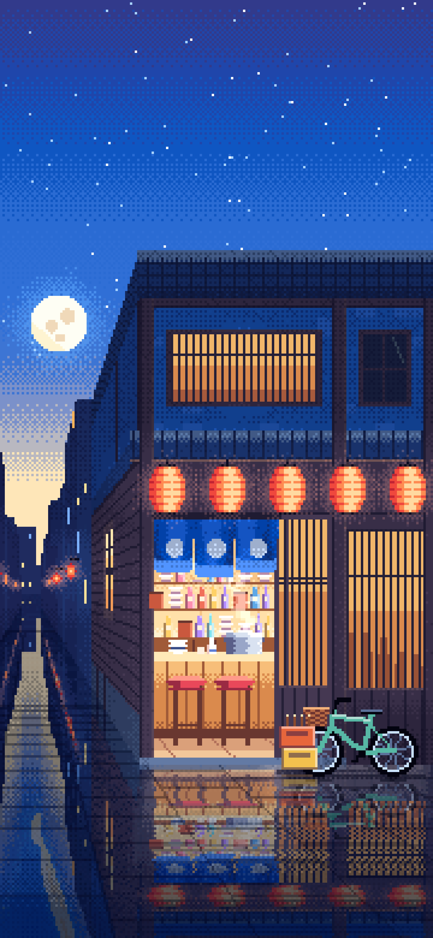 Blue Pixel Art Japanese Izakaya wallpaper for iPhone and Android