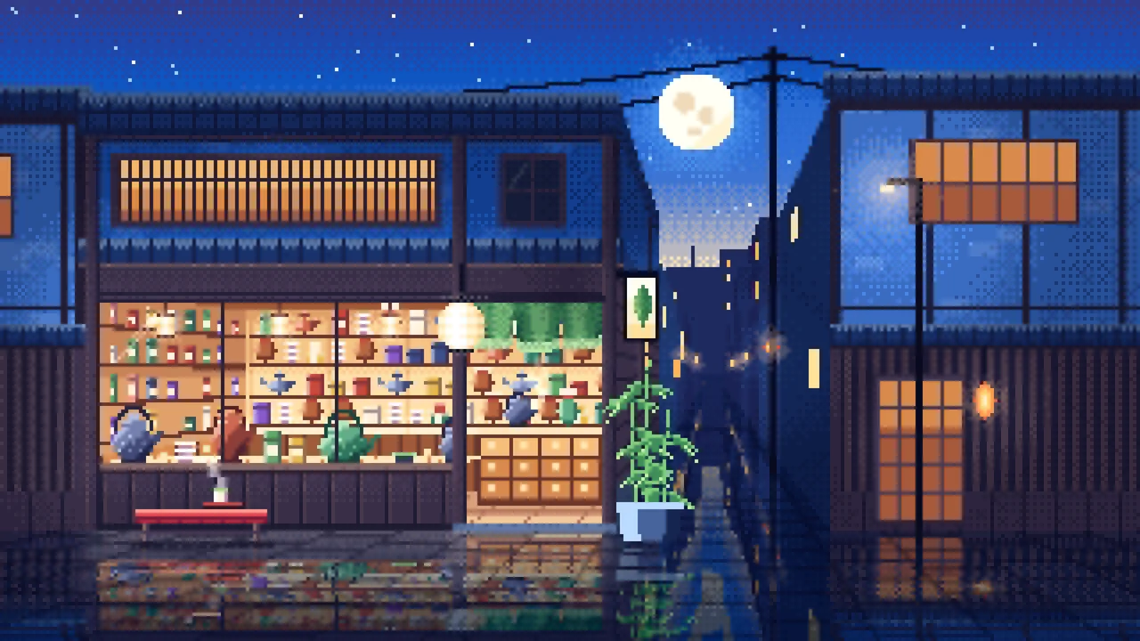 Blue Pixel Art Japanese Tea Shop desktop wallpaper in 4K