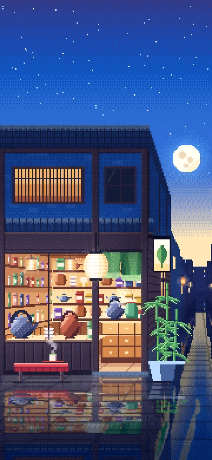 Blue Pixel Art Japanese Tea Shop wallpaper for iPhone and Android