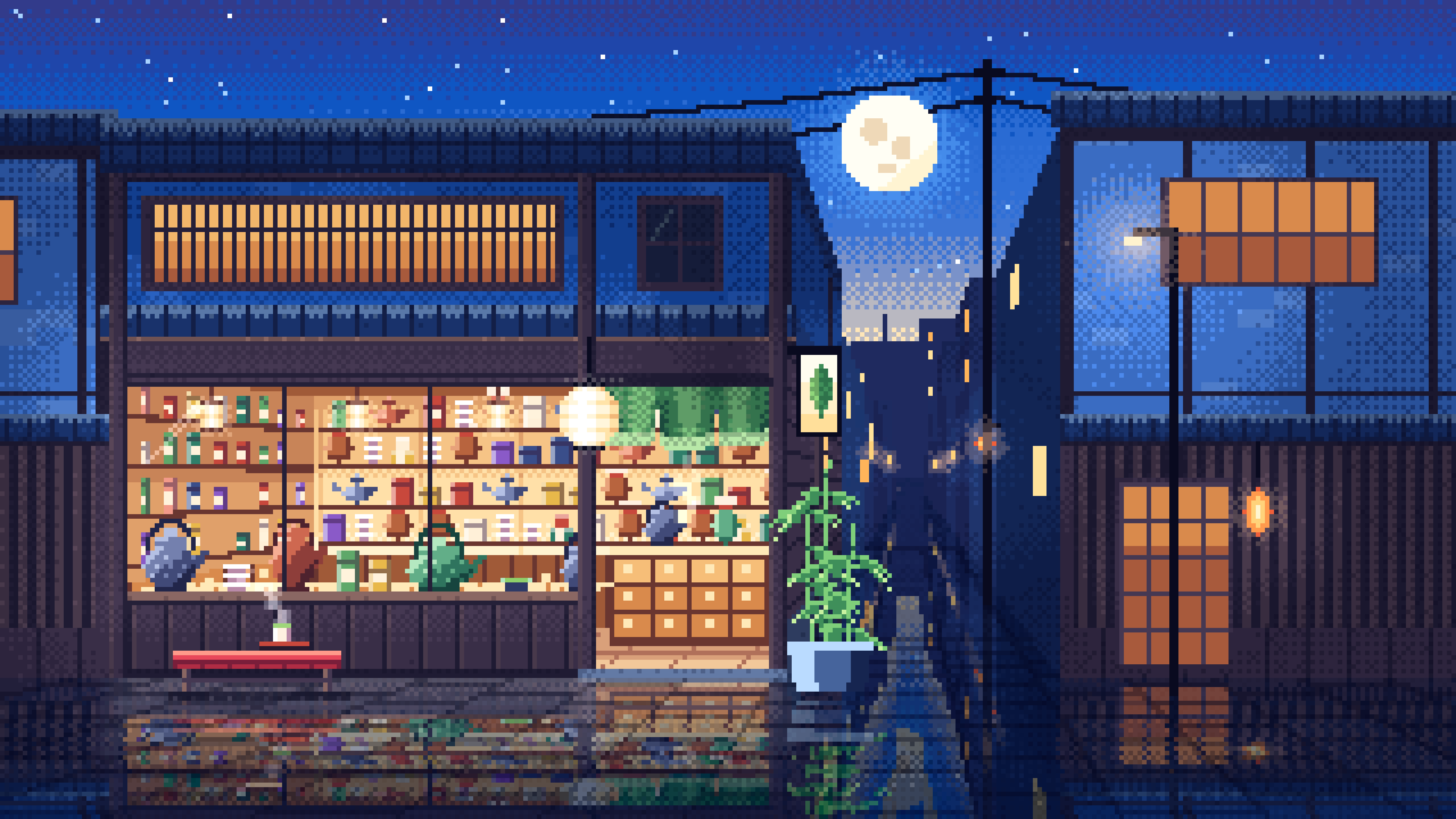 Blue Pixel Art Japanese Tea Shop desktop wallpaper in 4K