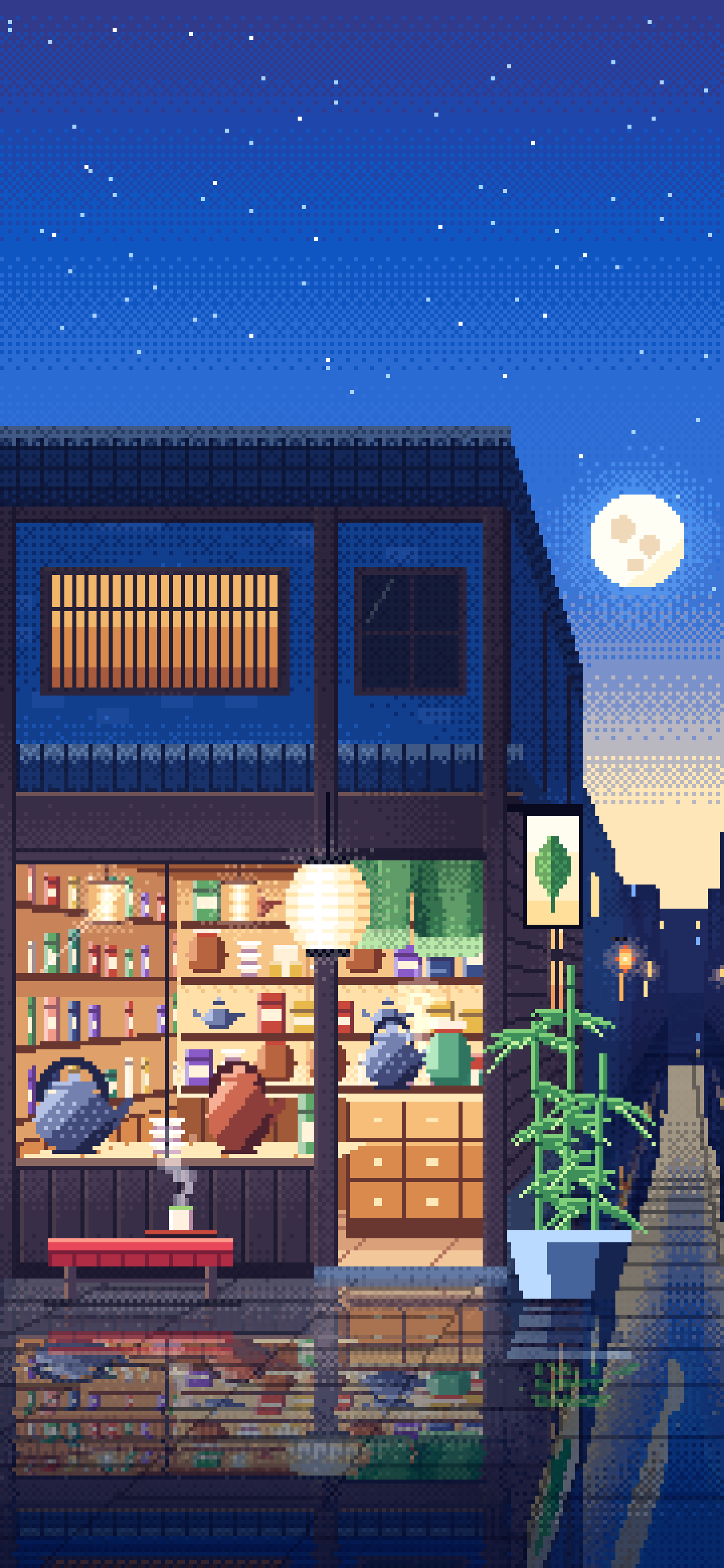 Blue Pixel Art Japanese Tea Shop wallpaper for iPhone and Android