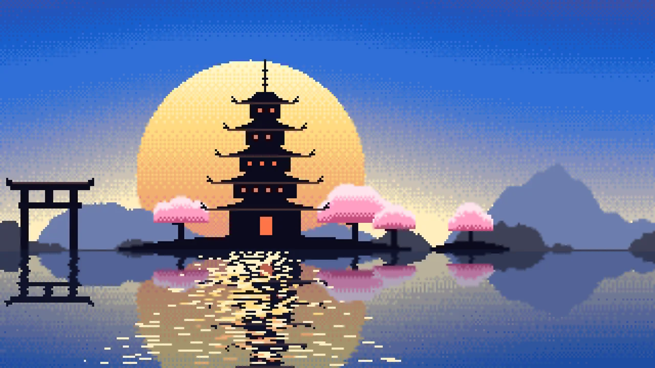 Blue Pixel Art Japanese Temple desktop wallpaper in 4K