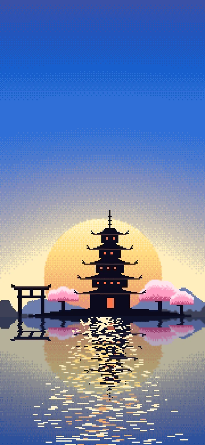 Blue Pixel Art Japanese Temple wallpaper for iPhone and Android