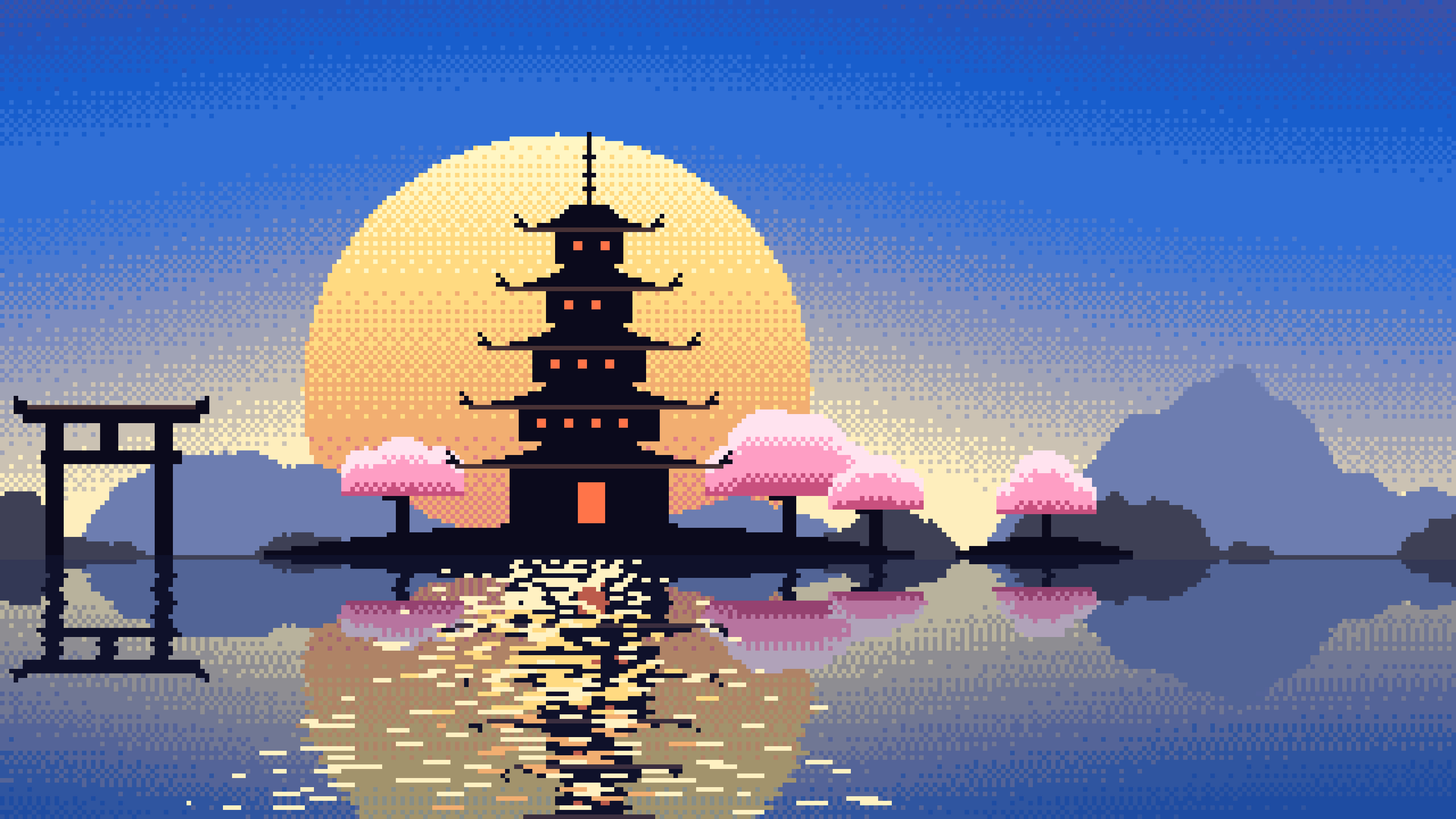 Blue Pixel Art Japanese Temple desktop wallpaper in 4K
