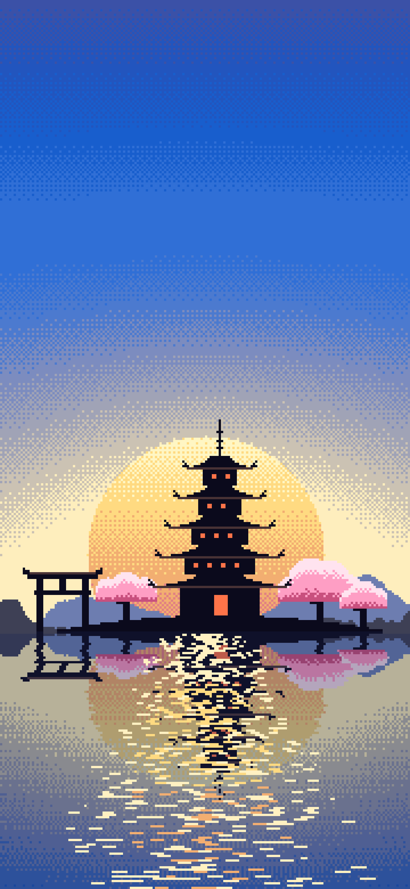 Blue Pixel Art Japanese Temple wallpaper for iPhone and Android
