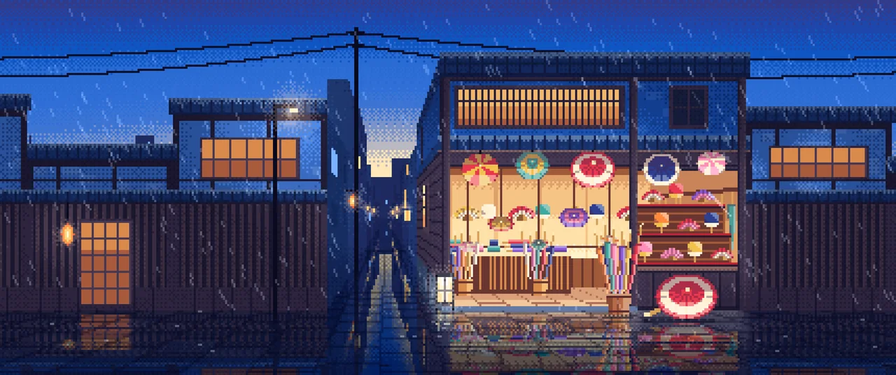 Blue Pixel Art Japanese Umbrella Shop ultrawide wallpaper, 3440 × 1440