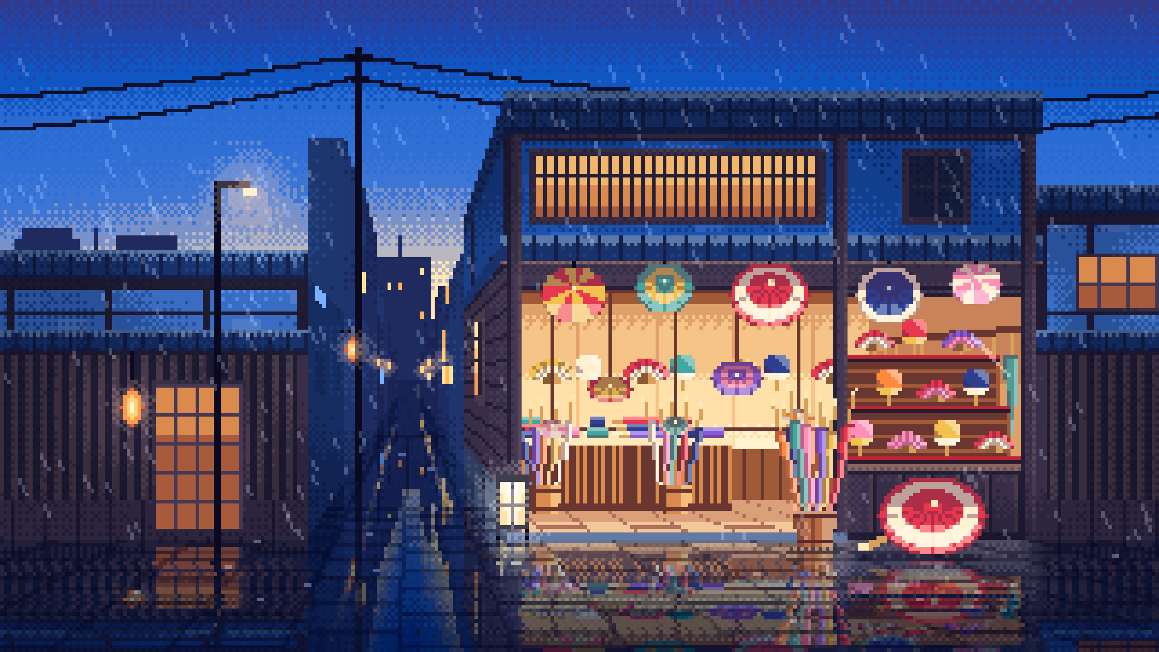 Blue Pixel Art Japanese Umbrella Shop desktop wallpaper in 4K