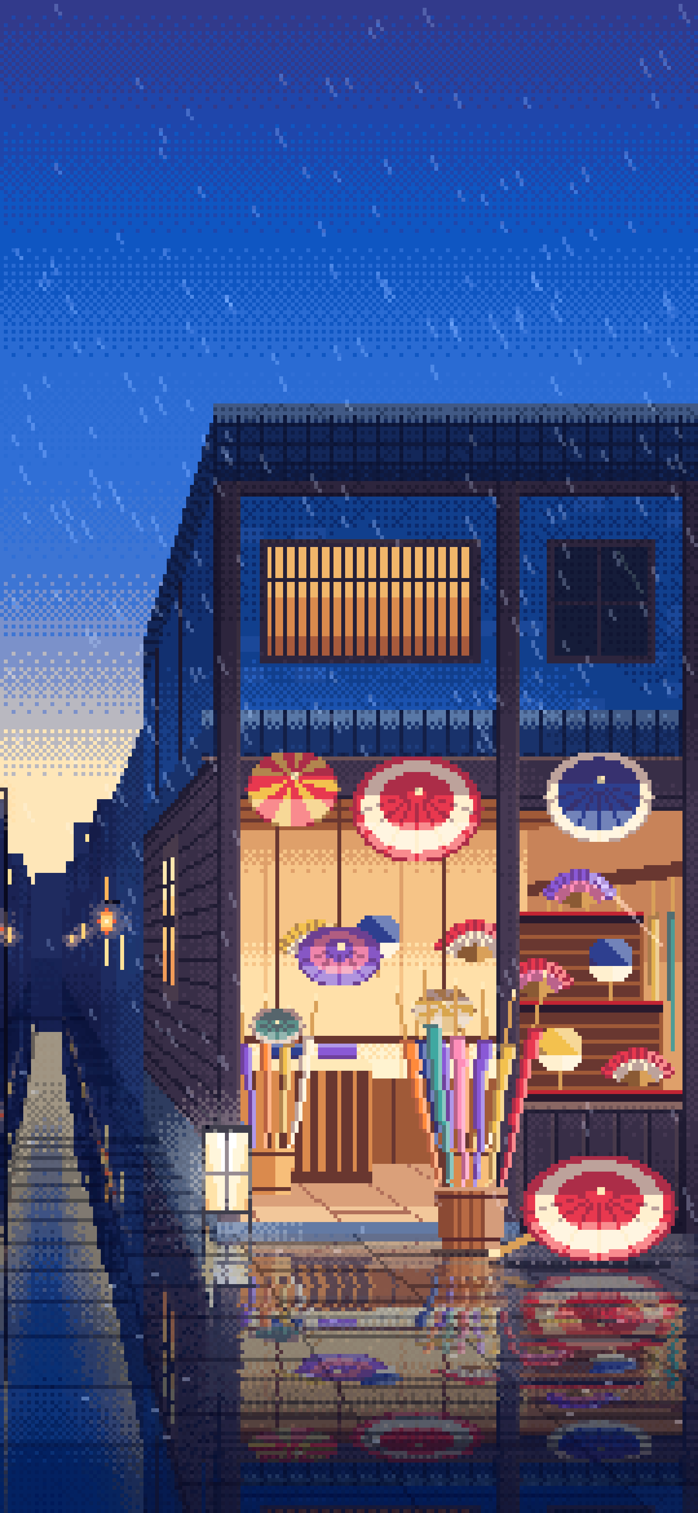 Blue Pixel Art Japanese Umbrella Shop wallpaper for iPhone and Android