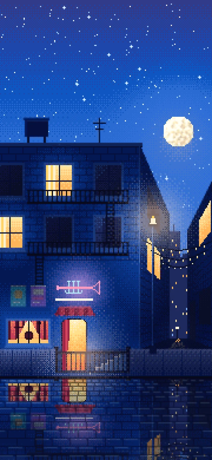 Blue Pixel Art Jazz Club at Night wallpaper for iPhone and Android