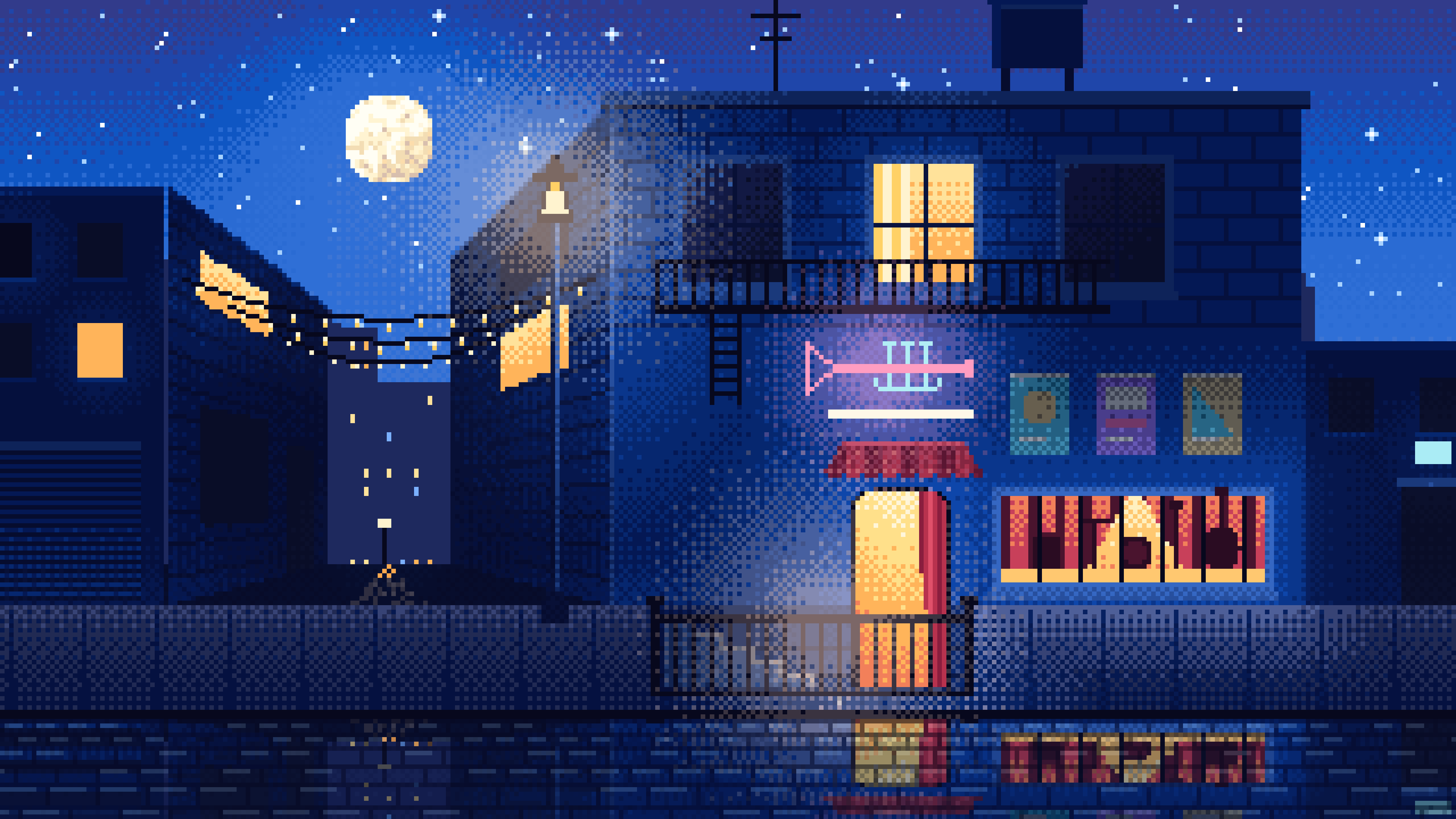 Blue Pixel Art Jazz Club at Night desktop wallpaper in 4K