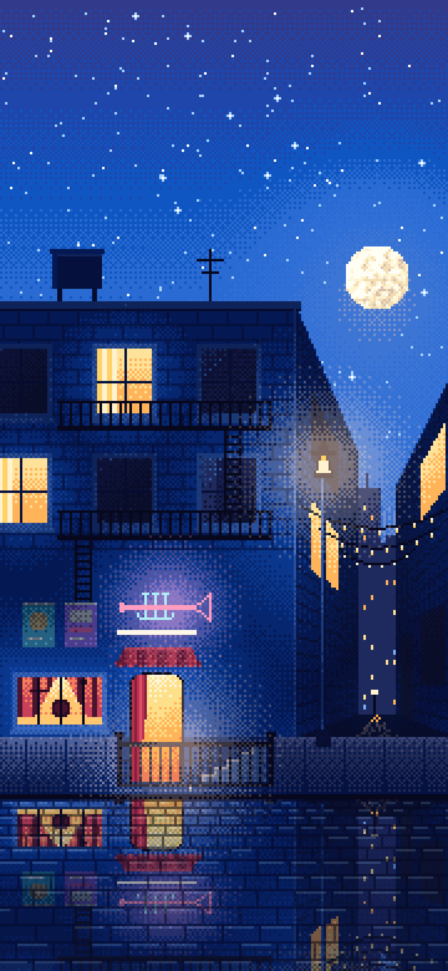 Blue Pixel Art Jazz Club at Night wallpaper for iPhone and Android