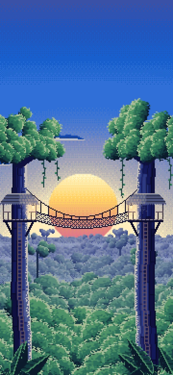 Blue Pixel Art Jungle Canopy Walkway wallpaper for iPhone and Android