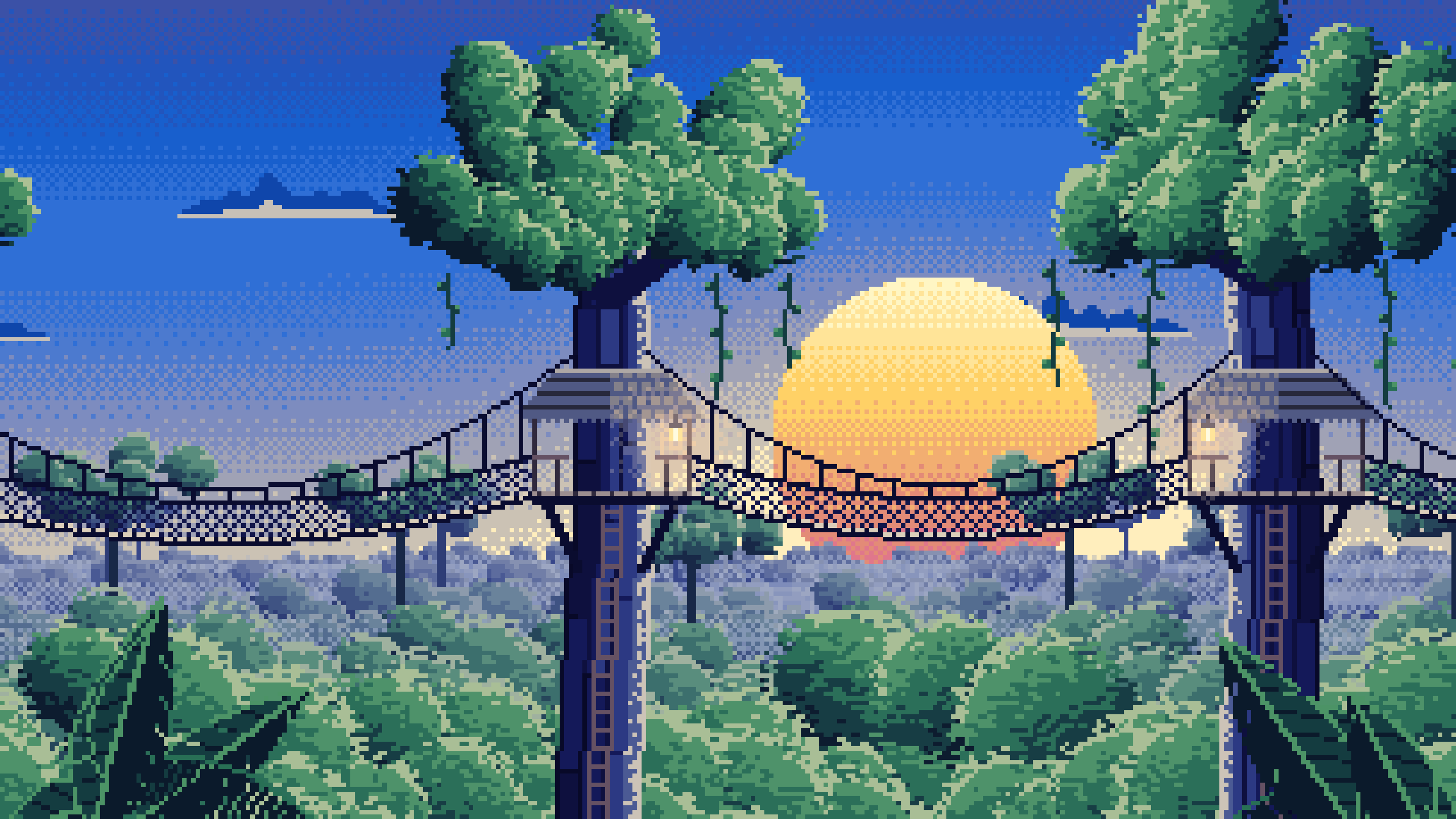 Blue Pixel Art Jungle Canopy Walkway desktop wallpaper in 4K