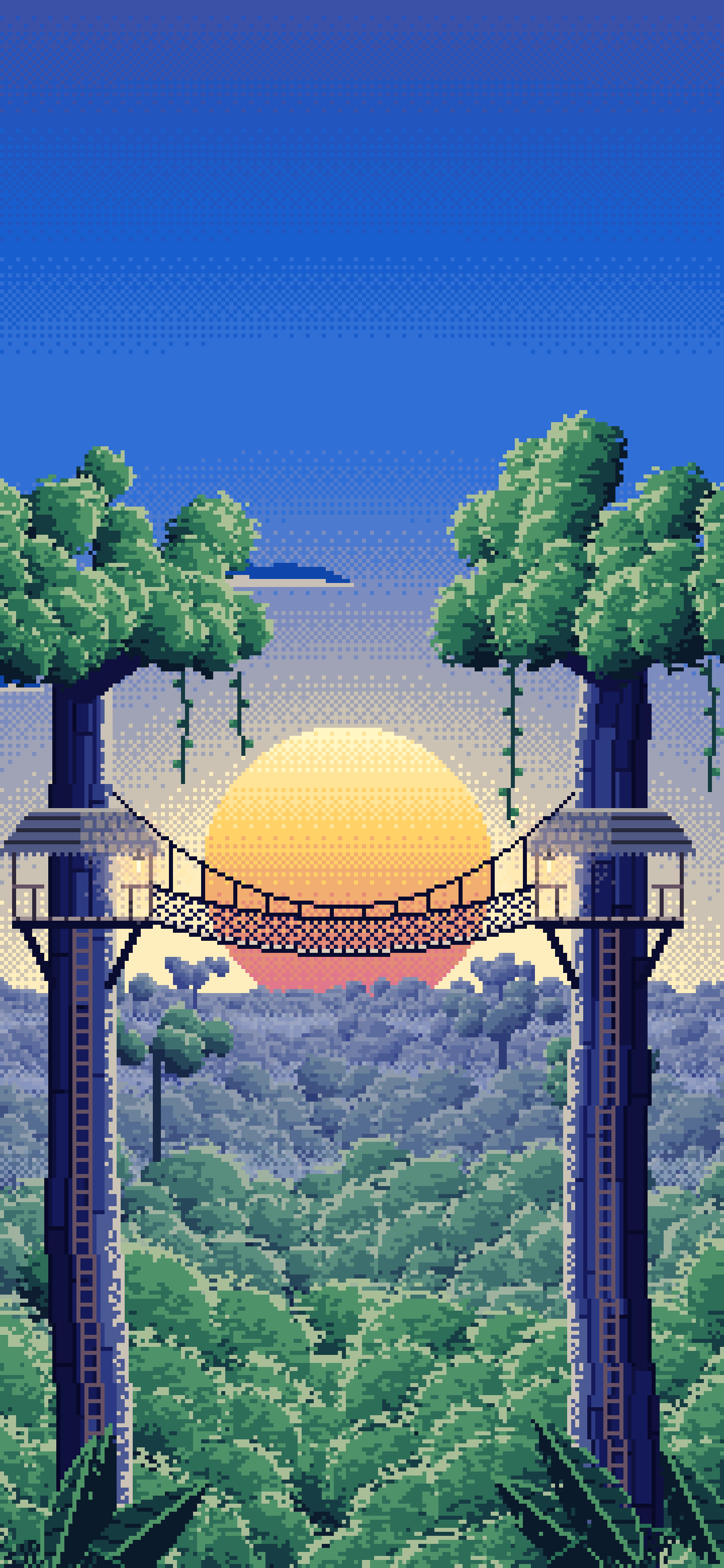 Blue Pixel Art Jungle Canopy Walkway wallpaper for iPhone and Android