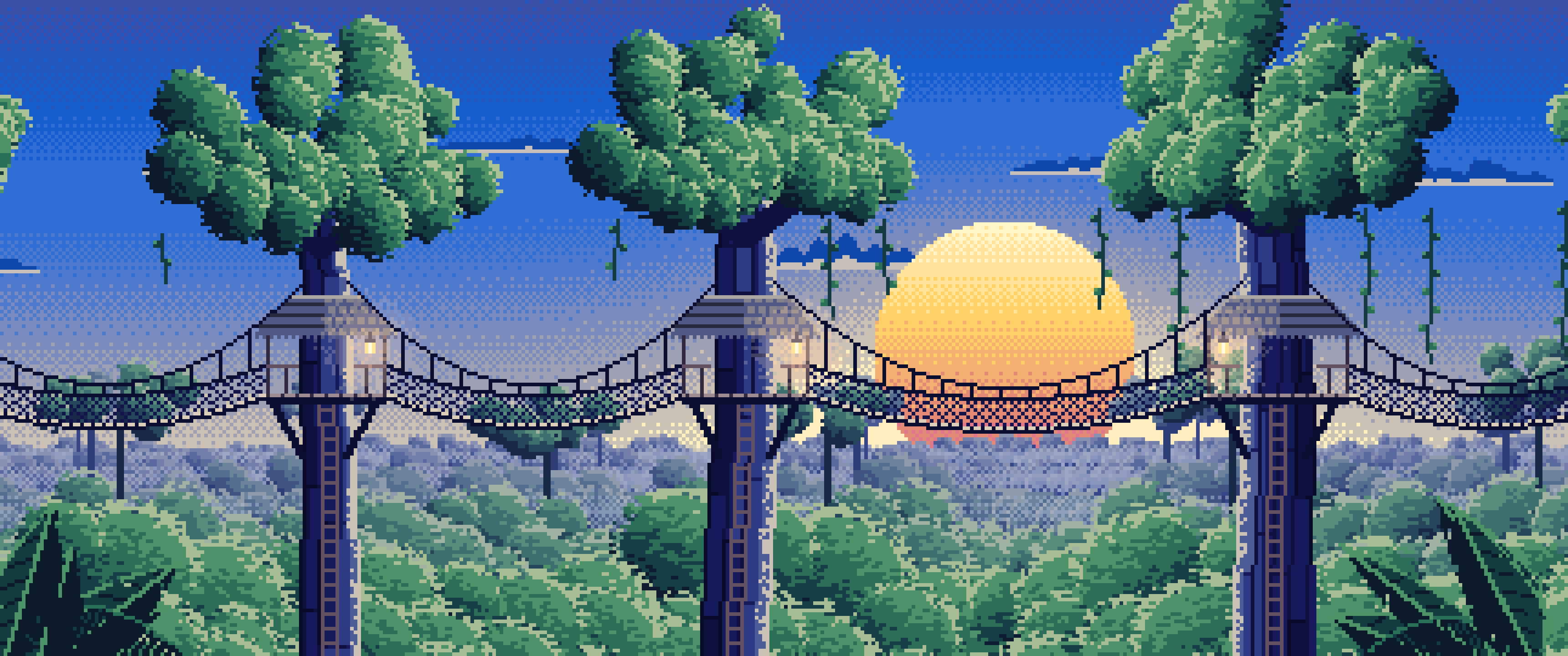 Blue Pixel Art Jungle Canopy Walkway ultrawide wallpaper, 3440 × 1440