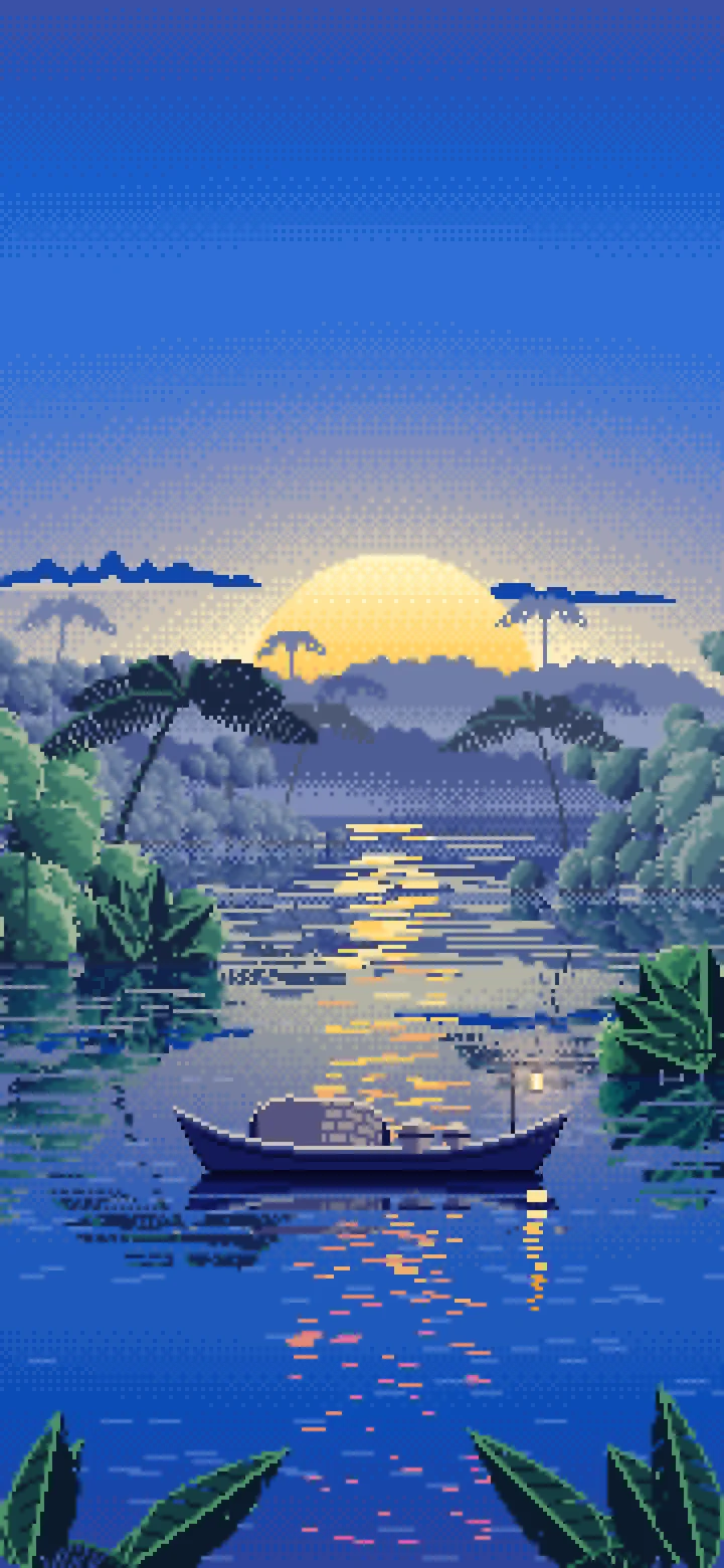 Blue Pixel Art Jungle River and Lantern Boat wallpaper for iPhone and Android