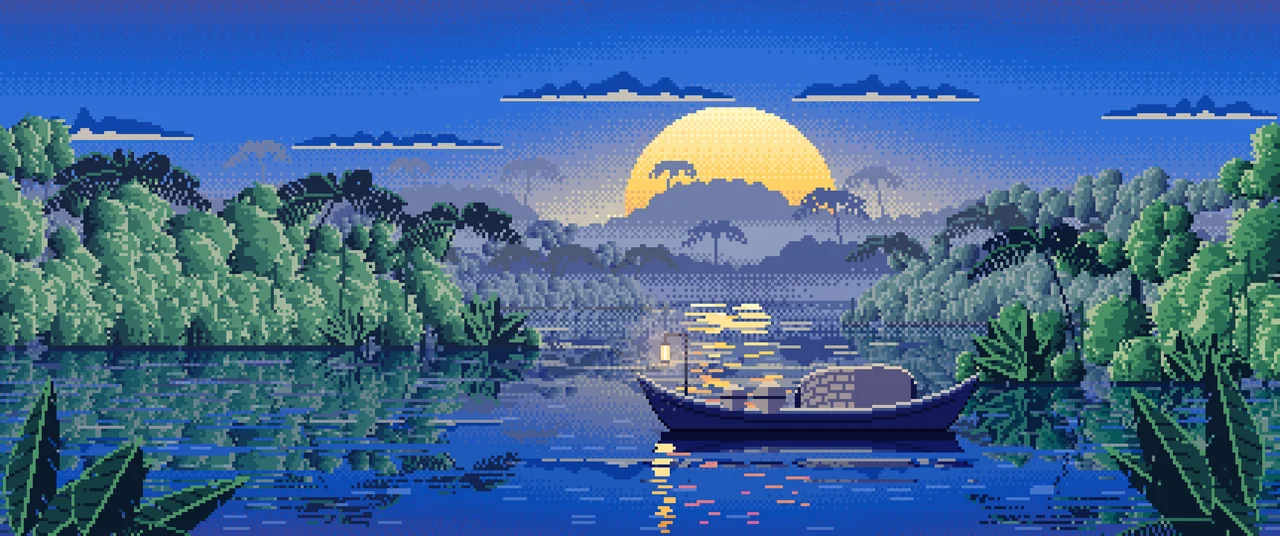 Blue Pixel Art Jungle River and Lantern Boat ultrawide wallpaper, 3440 × 1440