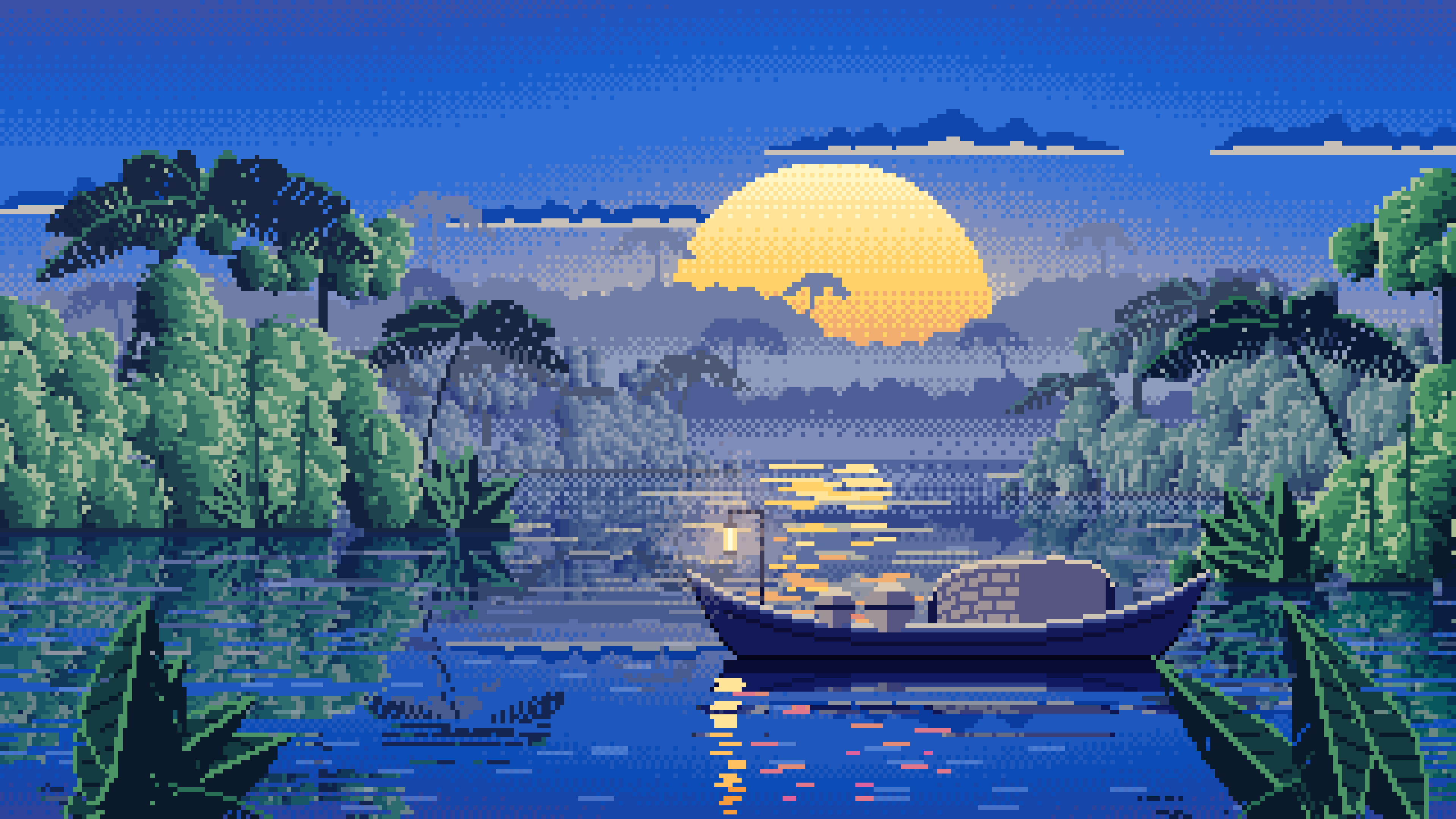 Blue Pixel Art Jungle River and Lantern Boat desktop wallpaper in 4K