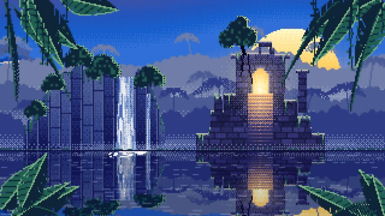 Blue Pixel Art Jungle Temple Ruins desktop wallpaper in 4K