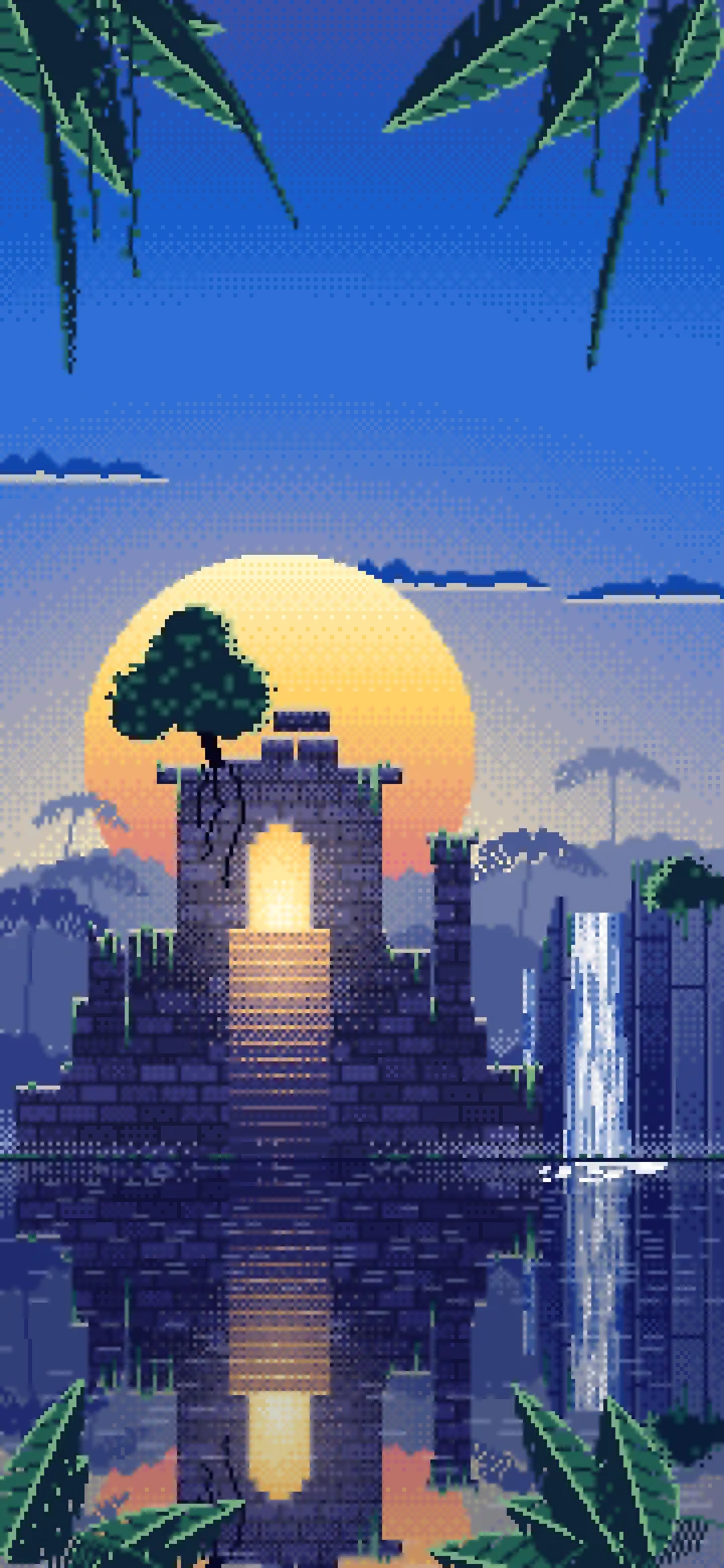 Blue Pixel Art Jungle Temple Ruins wallpaper for iPhone and Android