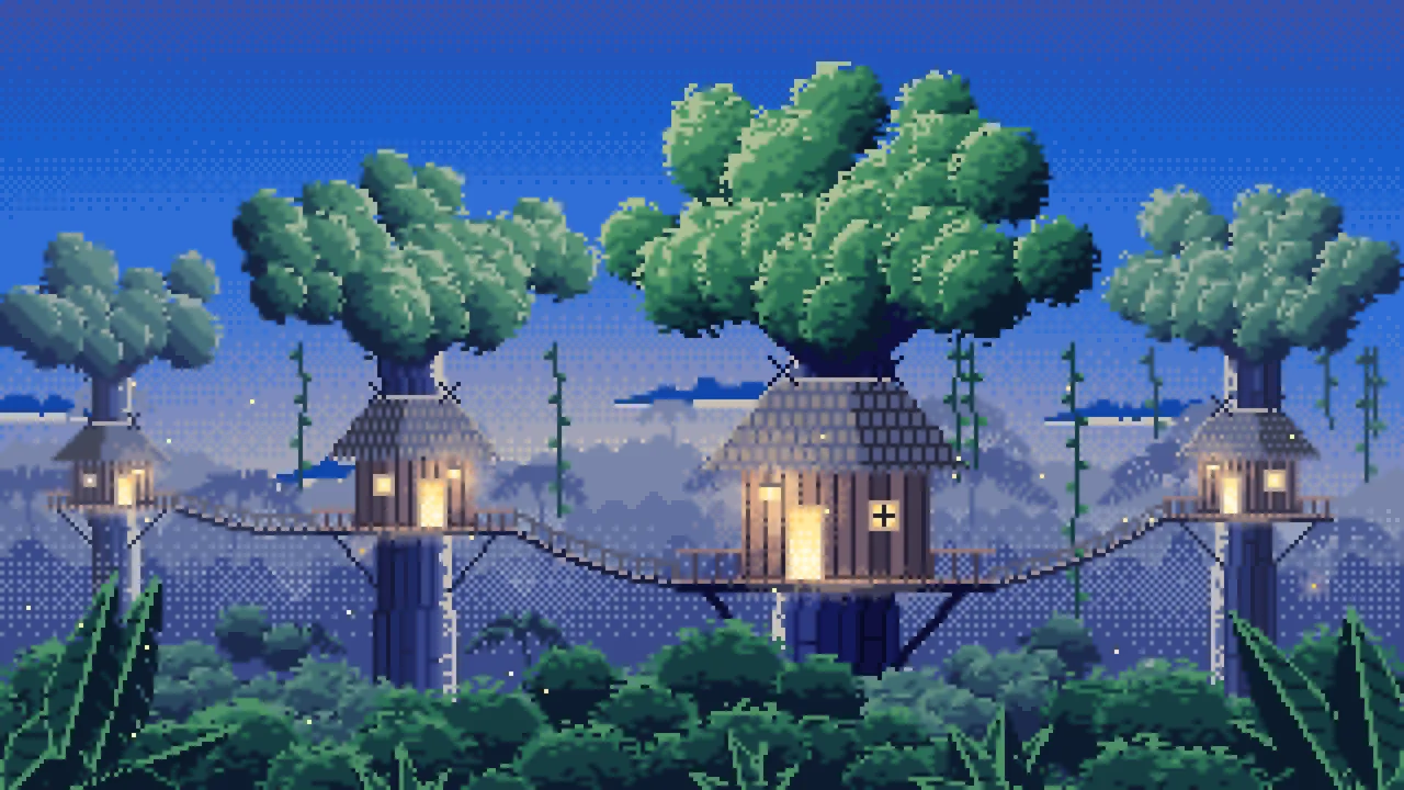 Blue Pixel Art Jungle Treehouses by Lantern Light desktop wallpaper in 4K