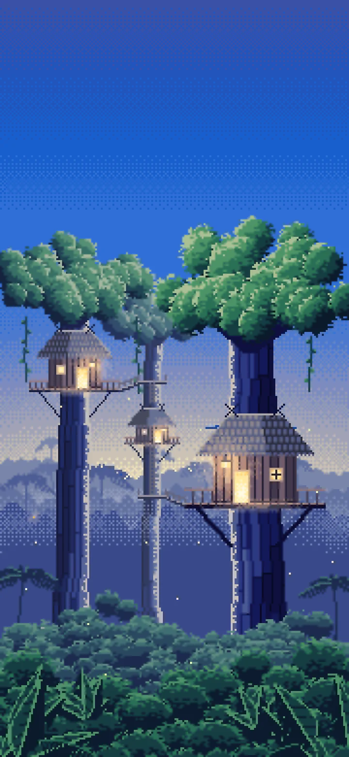 Blue Pixel Art Jungle Treehouses by Lantern Light wallpaper for iPhone and Android