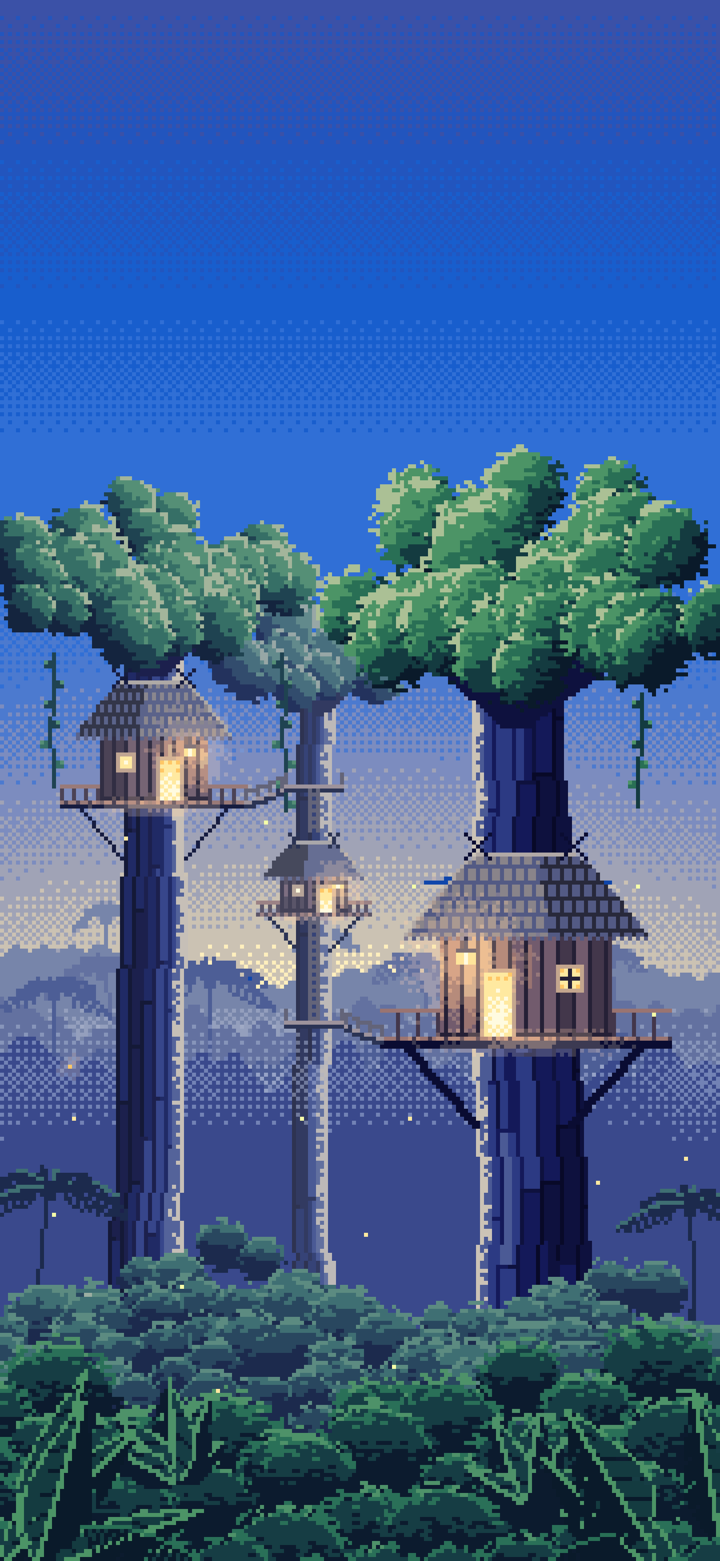 Blue Pixel Art Jungle Treehouses by Lantern Light wallpaper for iPhone and Android