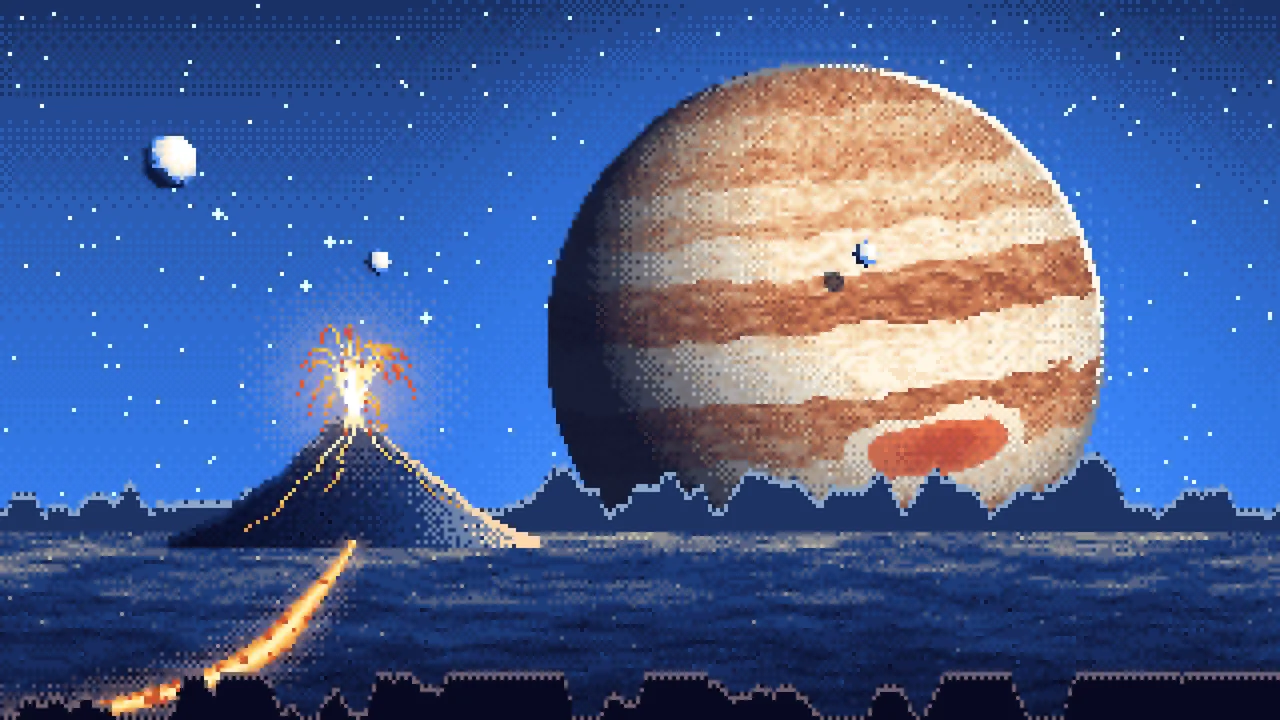 Blue Pixel Art Jupiter Over a Molten World desktop wallpaper in 4K