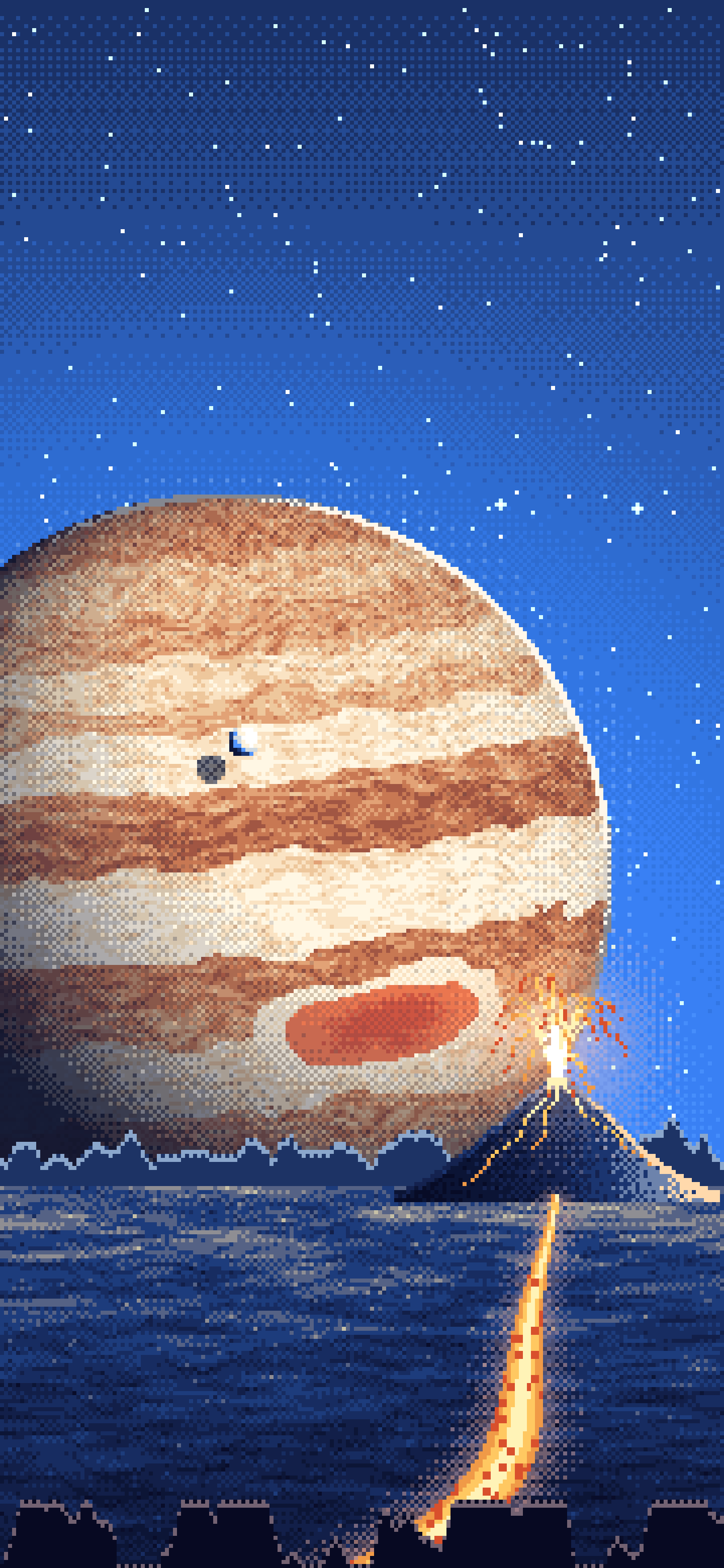 Blue Pixel Art Jupiter Over a Molten World wallpaper for iPhone and Android