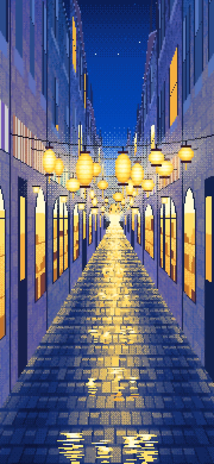 Blue Pixel Art Lantern Street at Night wallpaper for iPhone and Android