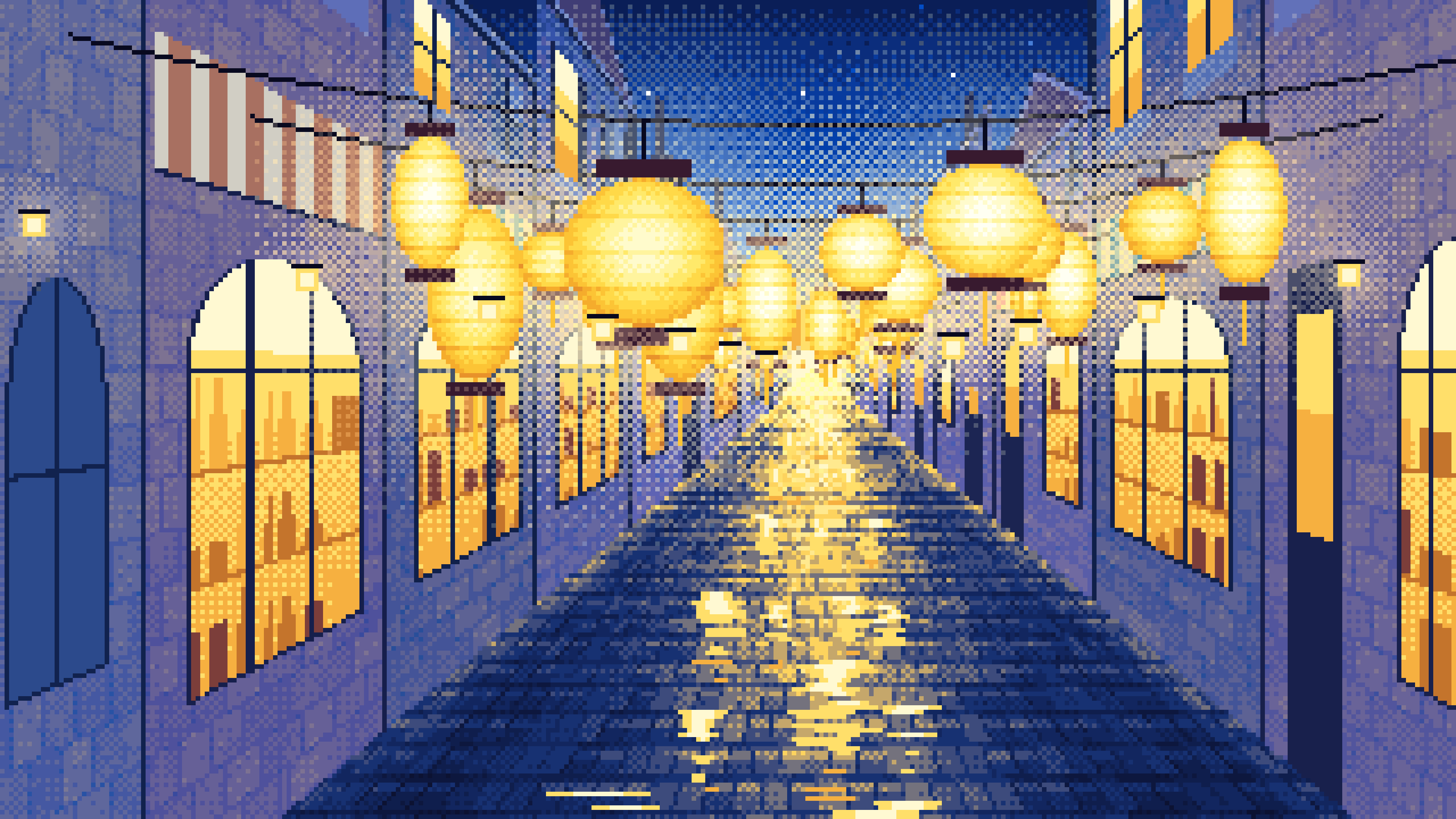 Blue Pixel Art Lantern Street at Night desktop wallpaper in 4K