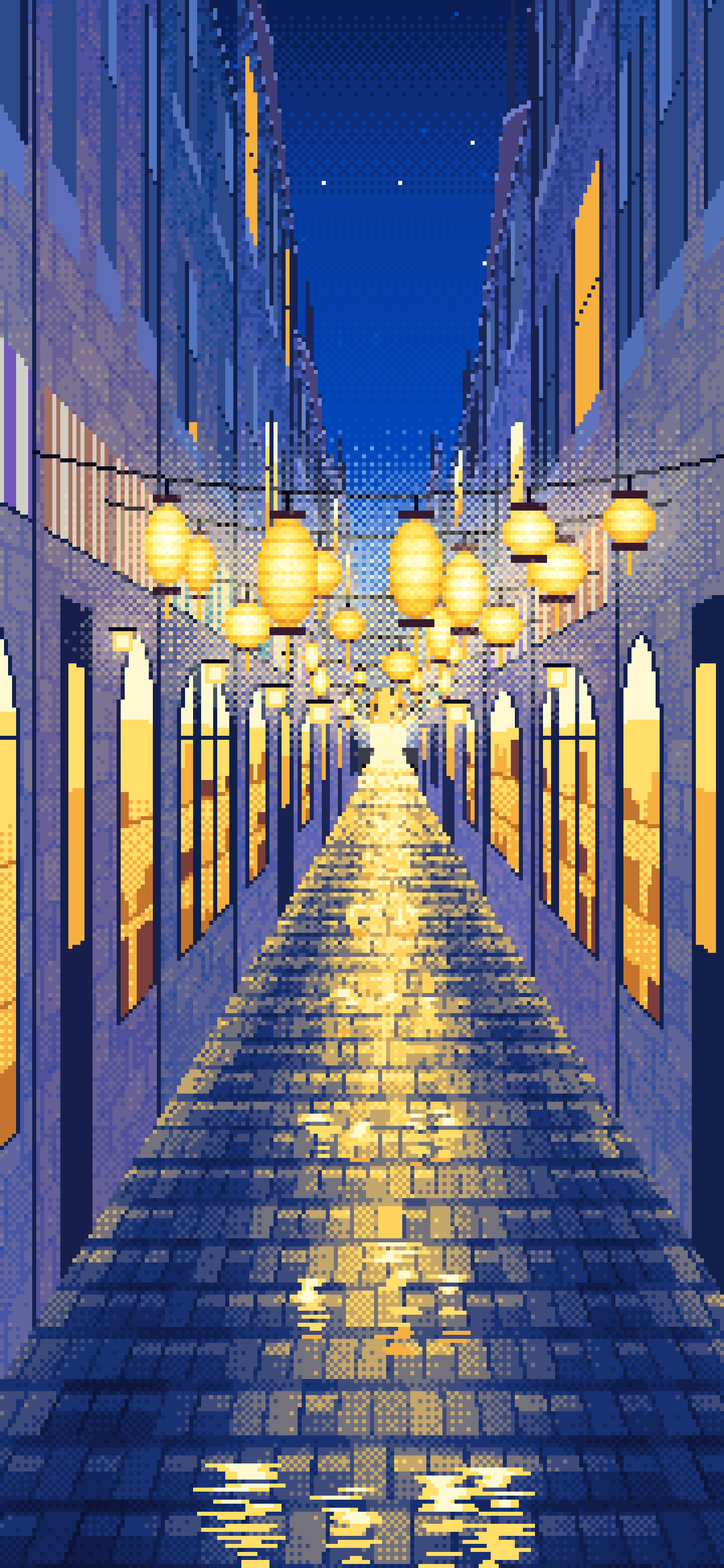 Blue Pixel Art Lantern Street at Night wallpaper for iPhone and Android