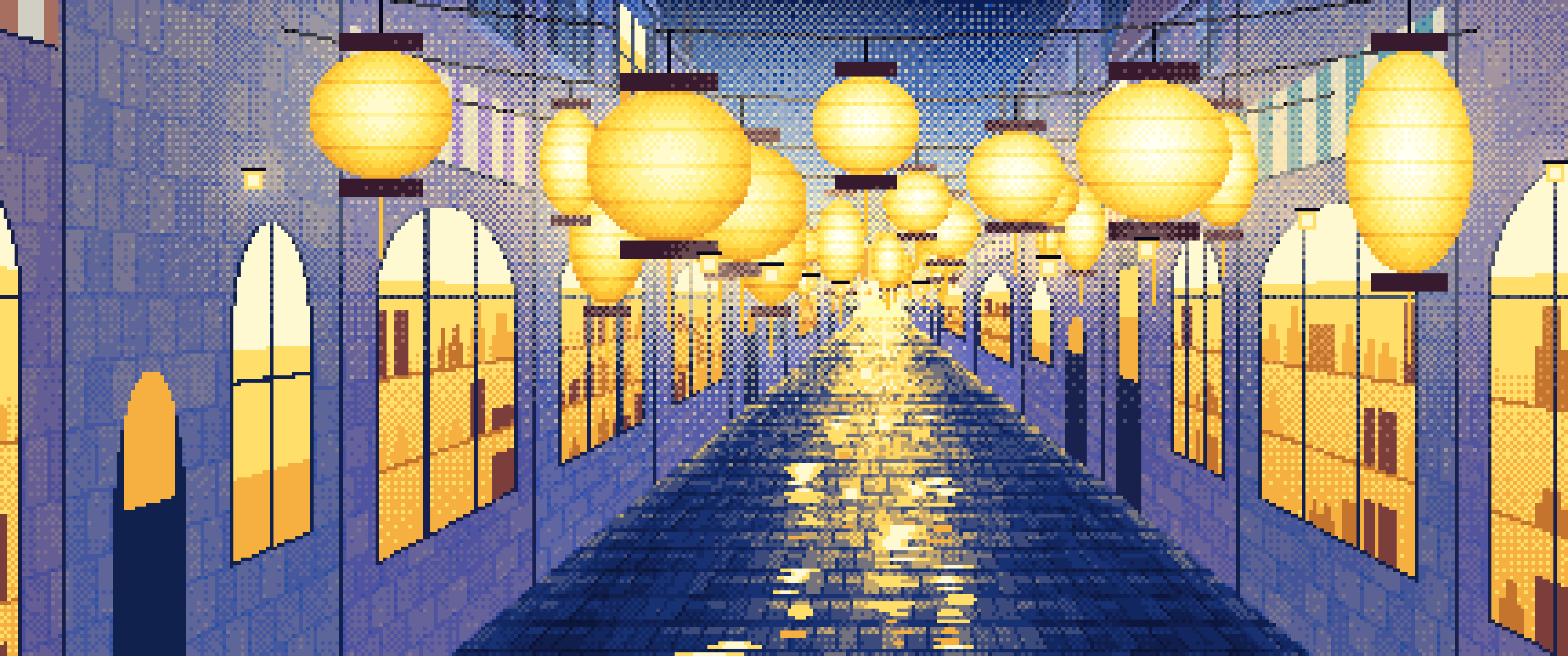 Blue Pixel Art Lantern Street at Night ultrawide wallpaper, 3440 × 1440