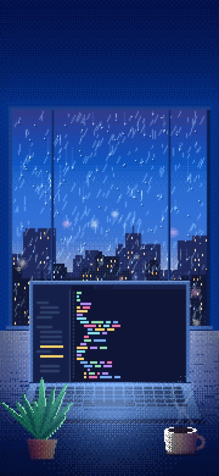Blue Pixel Art Laptop by a Rainy Window wallpaper for iPhone and Android